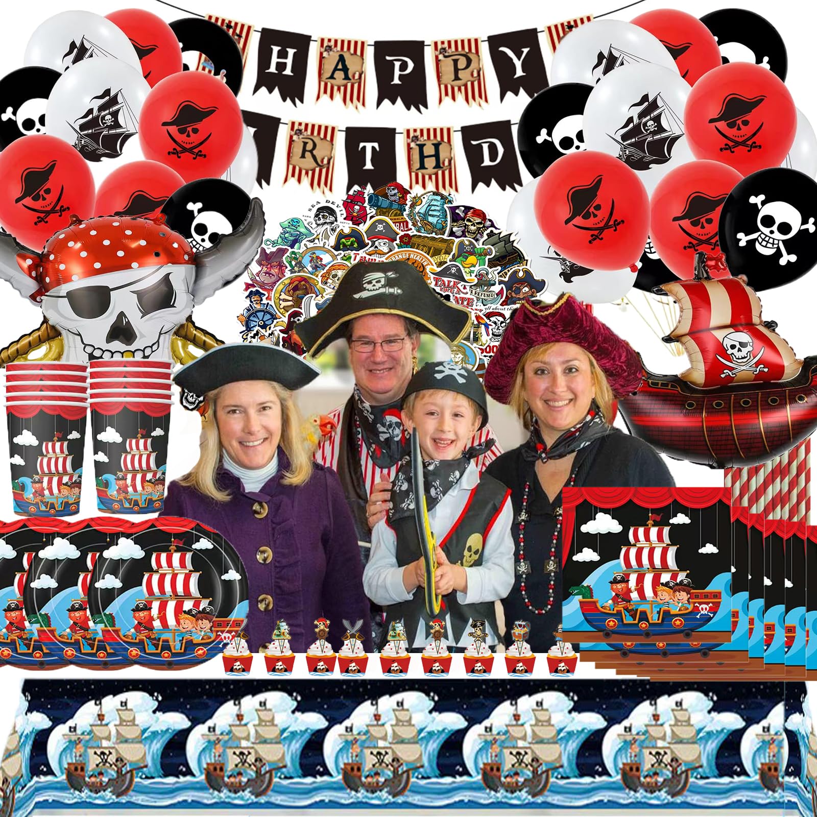 Vaisselle Pirate Pour Fête D'anniversaire - Ensemble De Décoration Avec Nappe, Assiette, Tasse, Serviette En Papier - Fournitures Pour Garçon