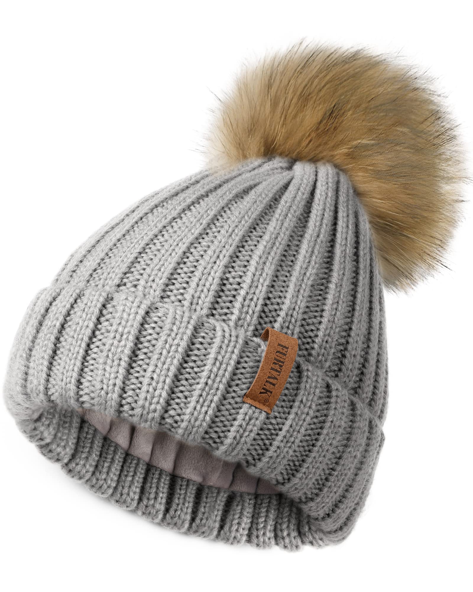 Furtalk Women's Grey Winter Hats For Double Layer Fleece Line Beanie Hat With Bobble Pom Pom Hats