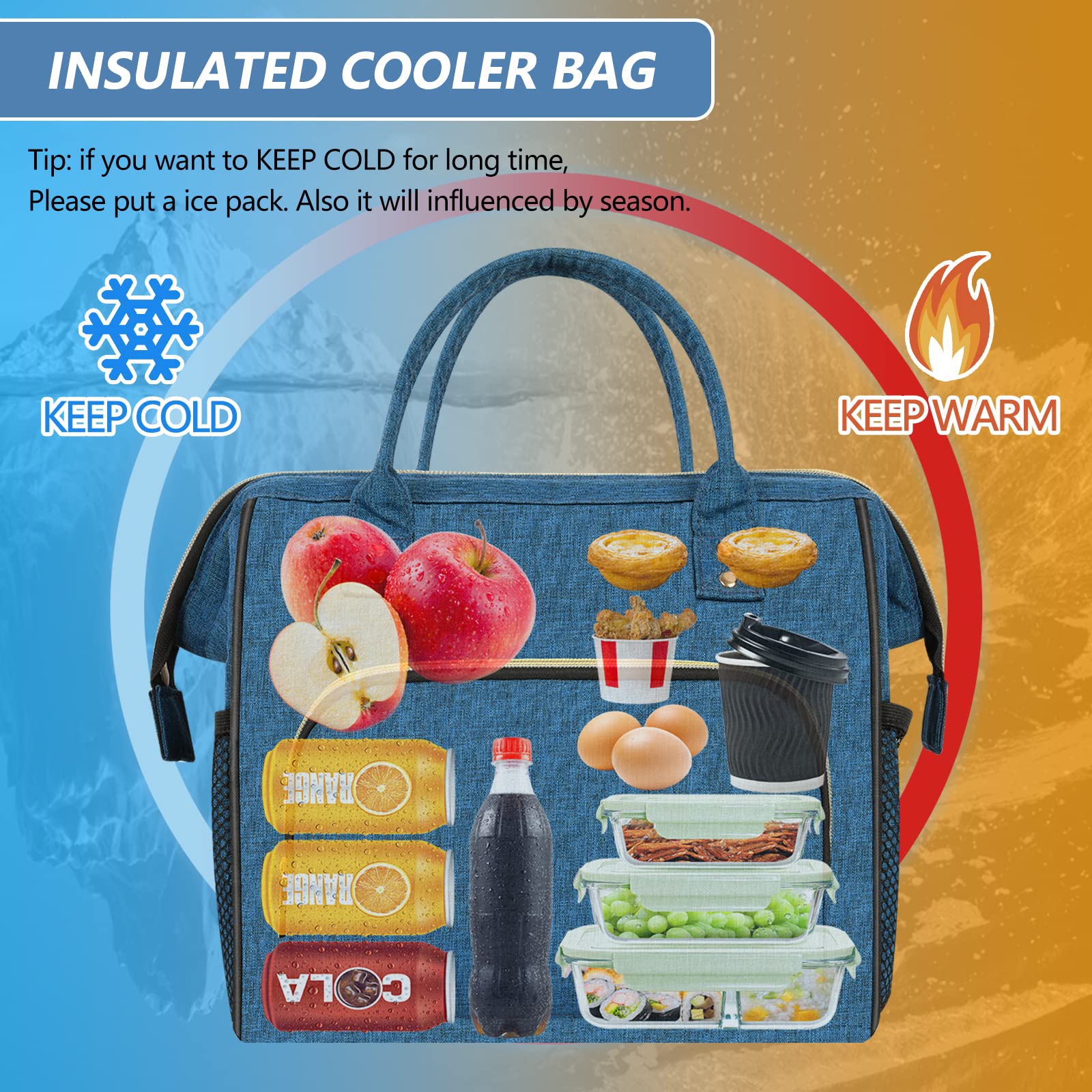 IDEATECH Grand sac à déjeuner isotherme pour homme, bleu, sac isotherme réutilisable avec poches, étanche et isolant
