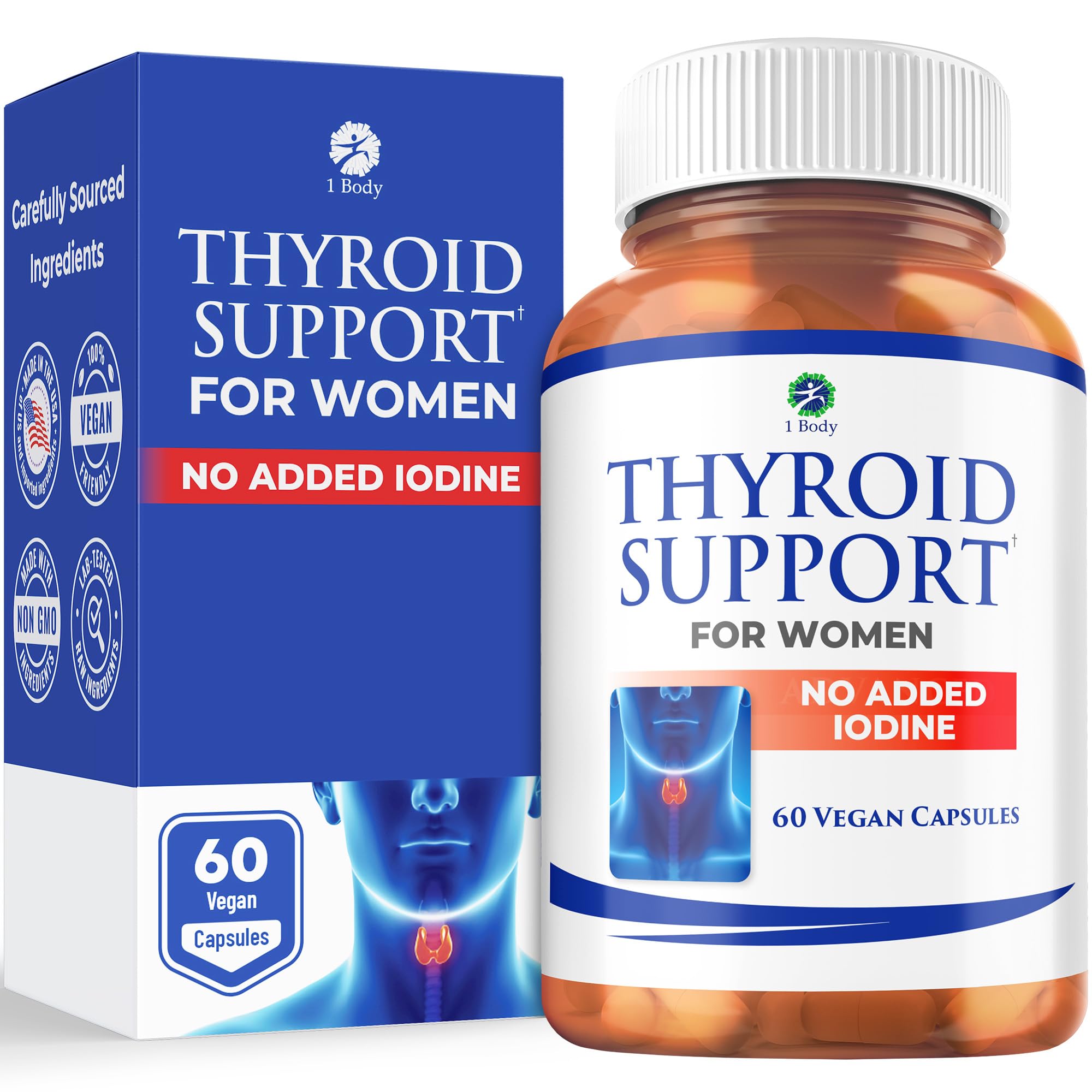 1 Body Thyroid Support for Women, No Added Iodine Formula, 60 Vegan Caps