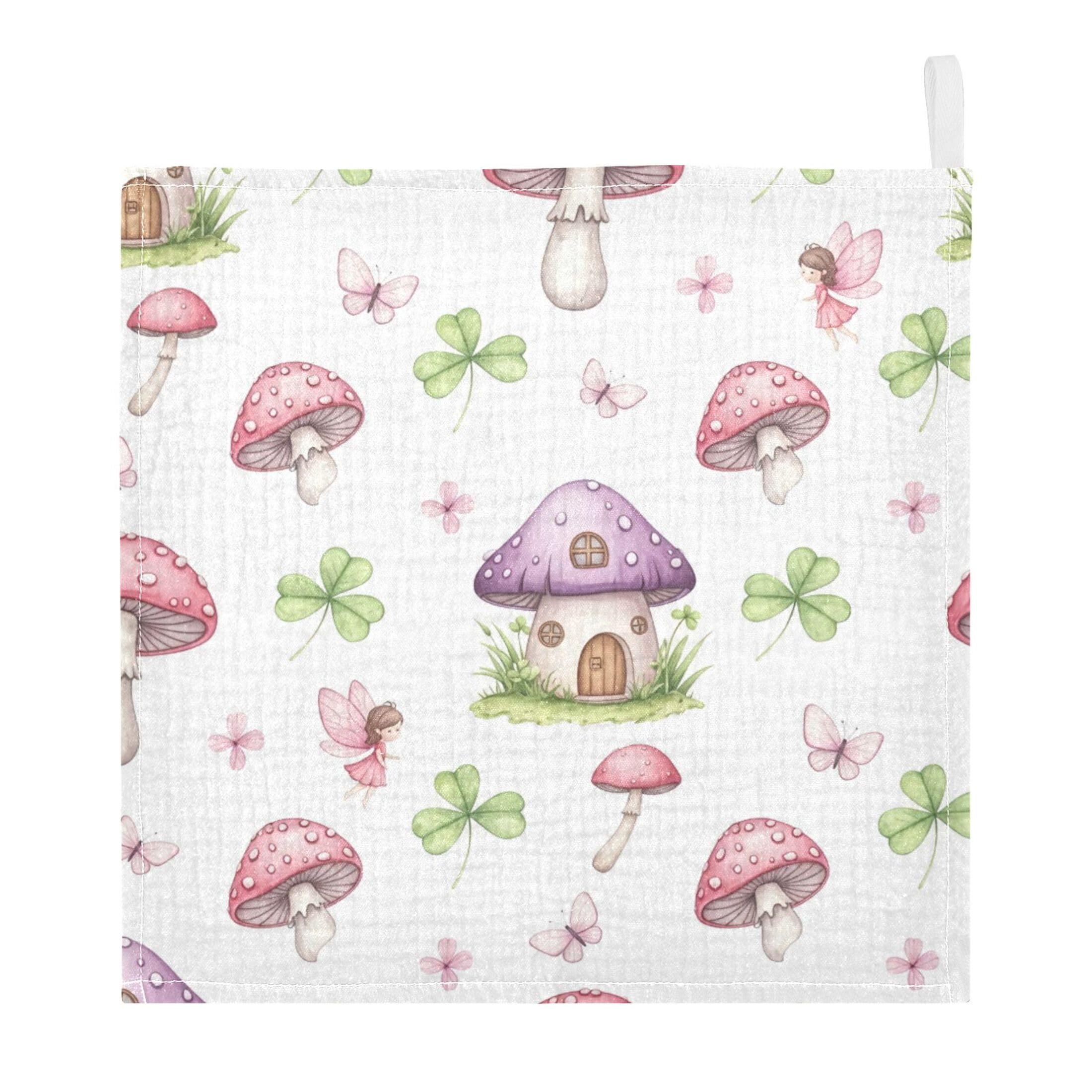 Fuauuyl Mushroom House Baby Muslin Washcloths Cotton Absorbent Soft Burp Cloths for Newborns Infants Toddlers, Reusable Face Towels for Sensitive Skin, 5 Pack, 12x12 in
