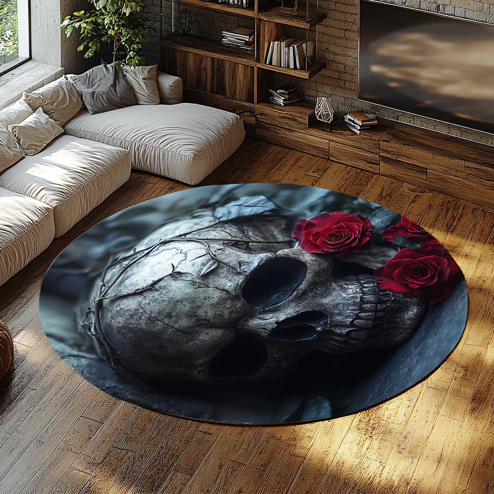 Tapis rond crâne et roses gothique de 200x200cm pour salon