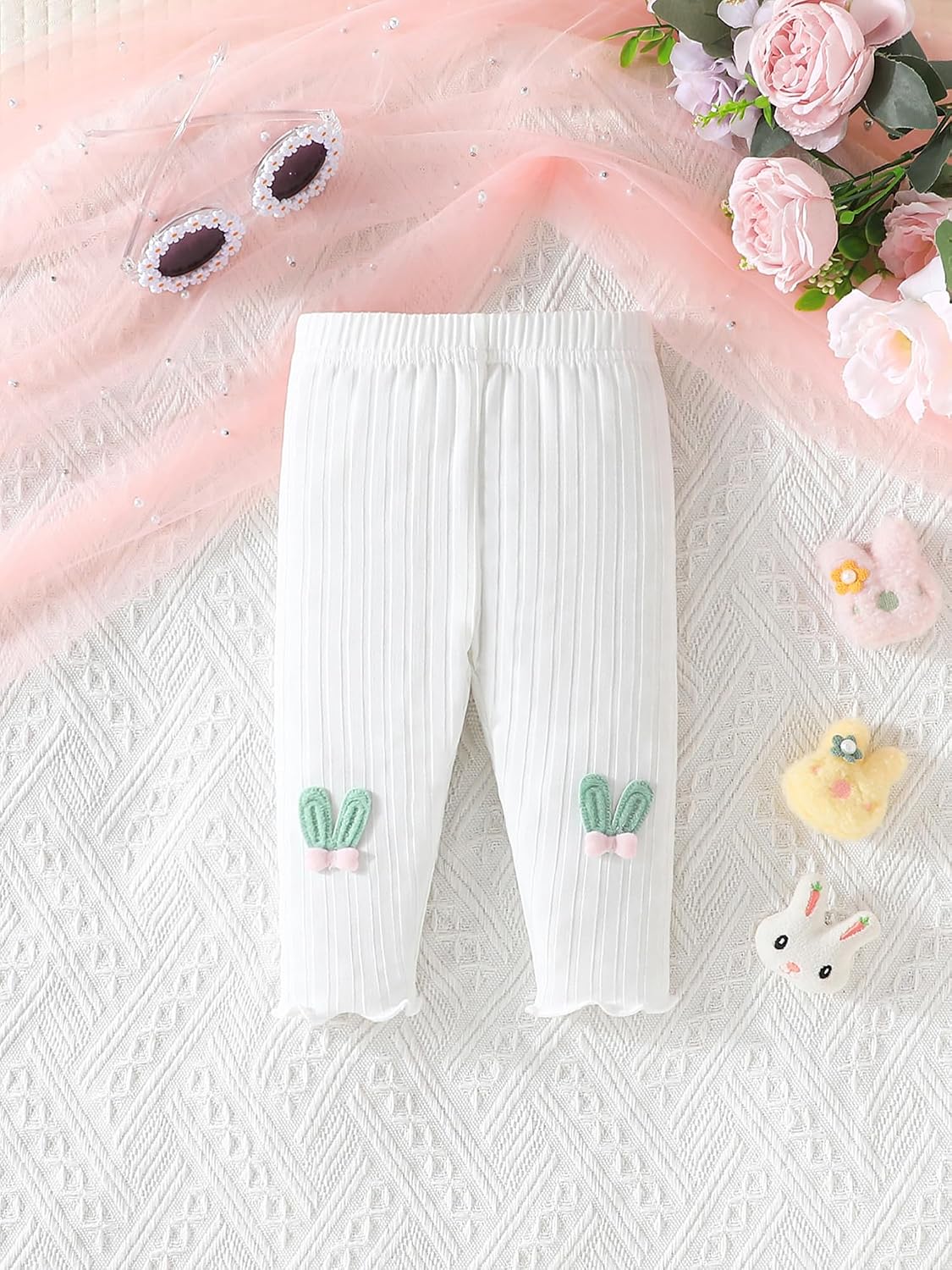 3 Pack Baby Girl Pants Newborn Infant Ribbed Bunny Applique Pants Toddler Leggings Lettuce Edge Jogger Pants