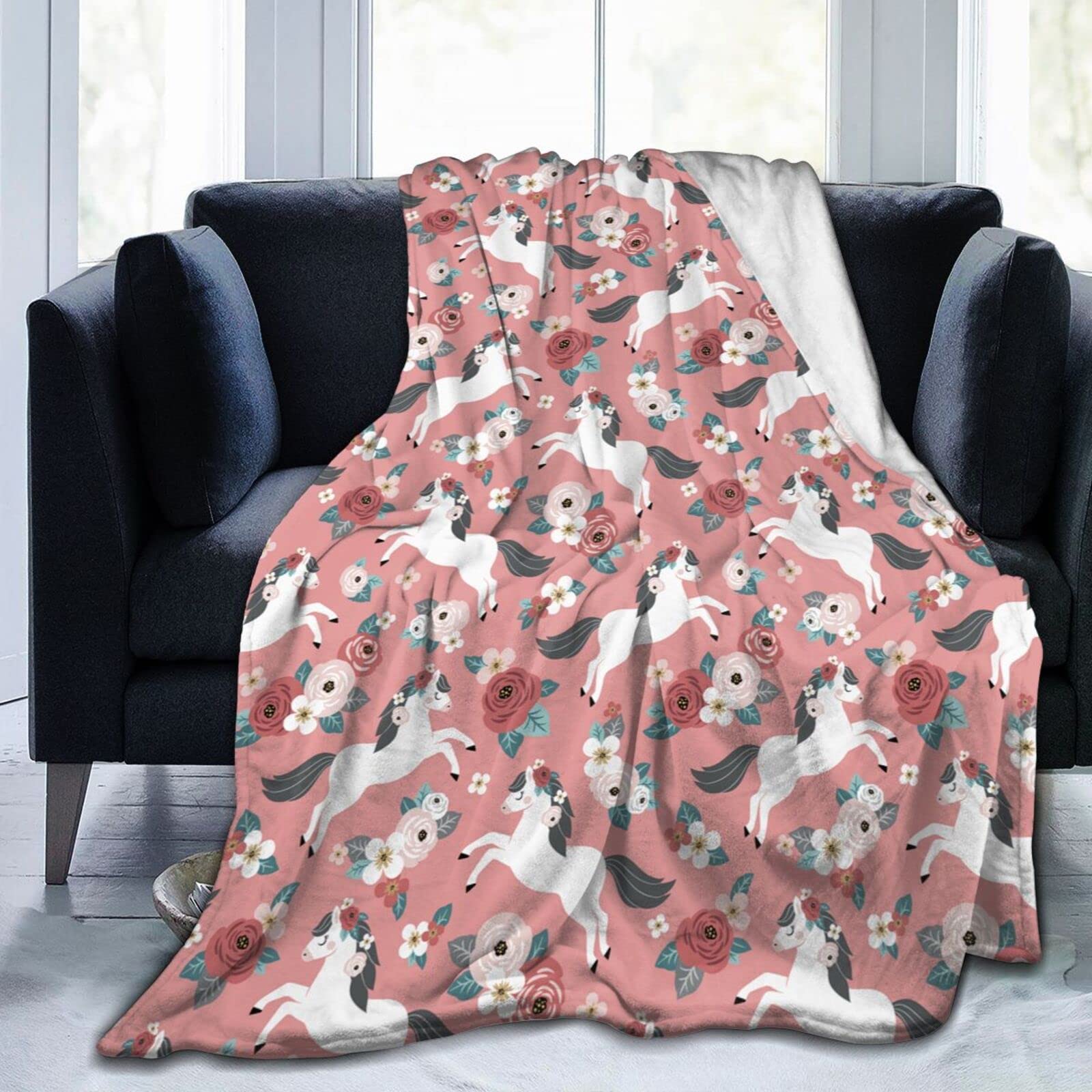 Lsjuee Funny Horse Throw Blanket Soft Cozy Lightweight Blankets Cute Animal Horses Flannel Blanket for Sofa Couch Bed Office 80"X60"