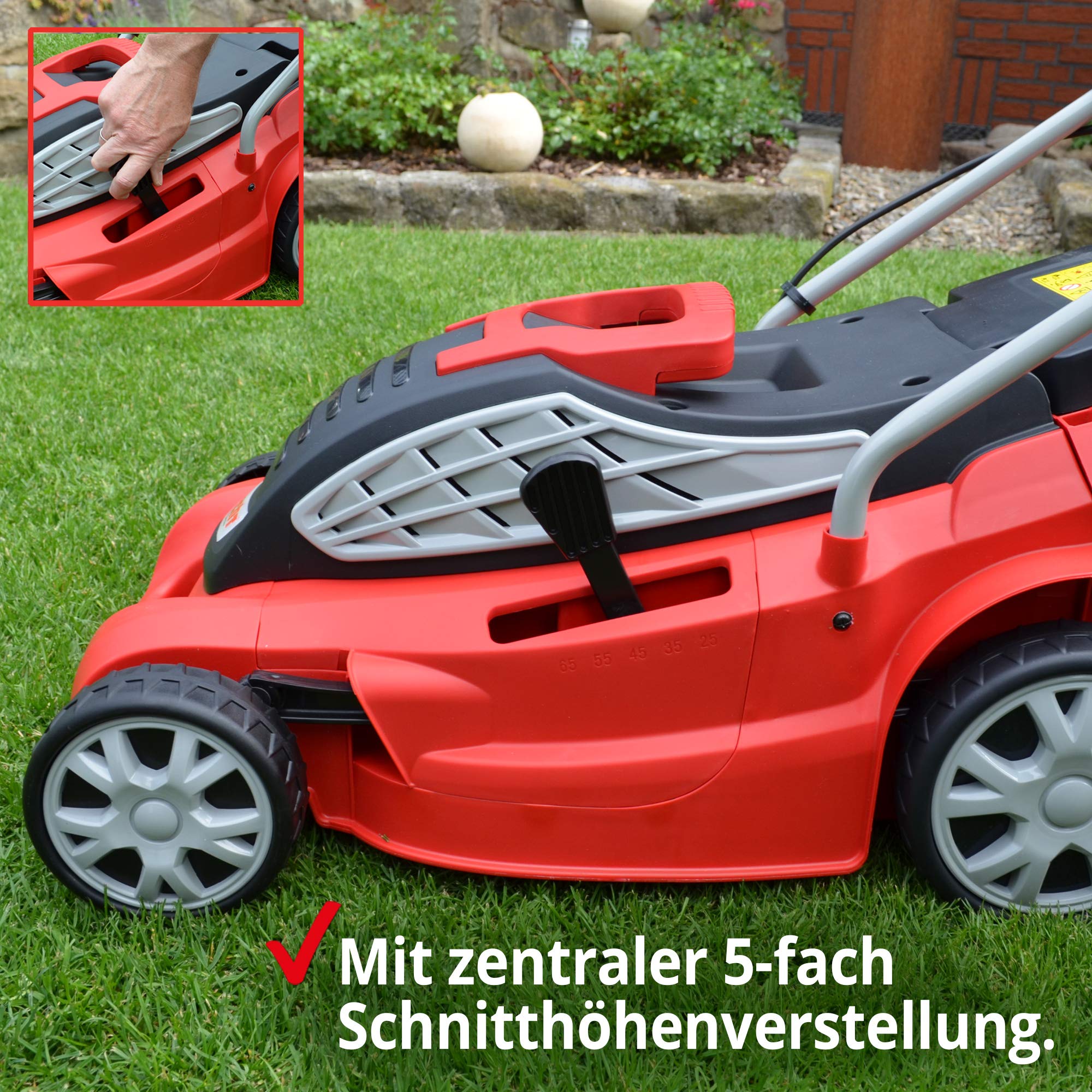 HECHT Premium Elektro Rasenmäher 1600 W 38 cm 45 L Fangkorb | Turbo-Motor, zentrale 5-fach Schnitthöheneinstellung, Elektro-Mäher für einen gepflegten Rasen