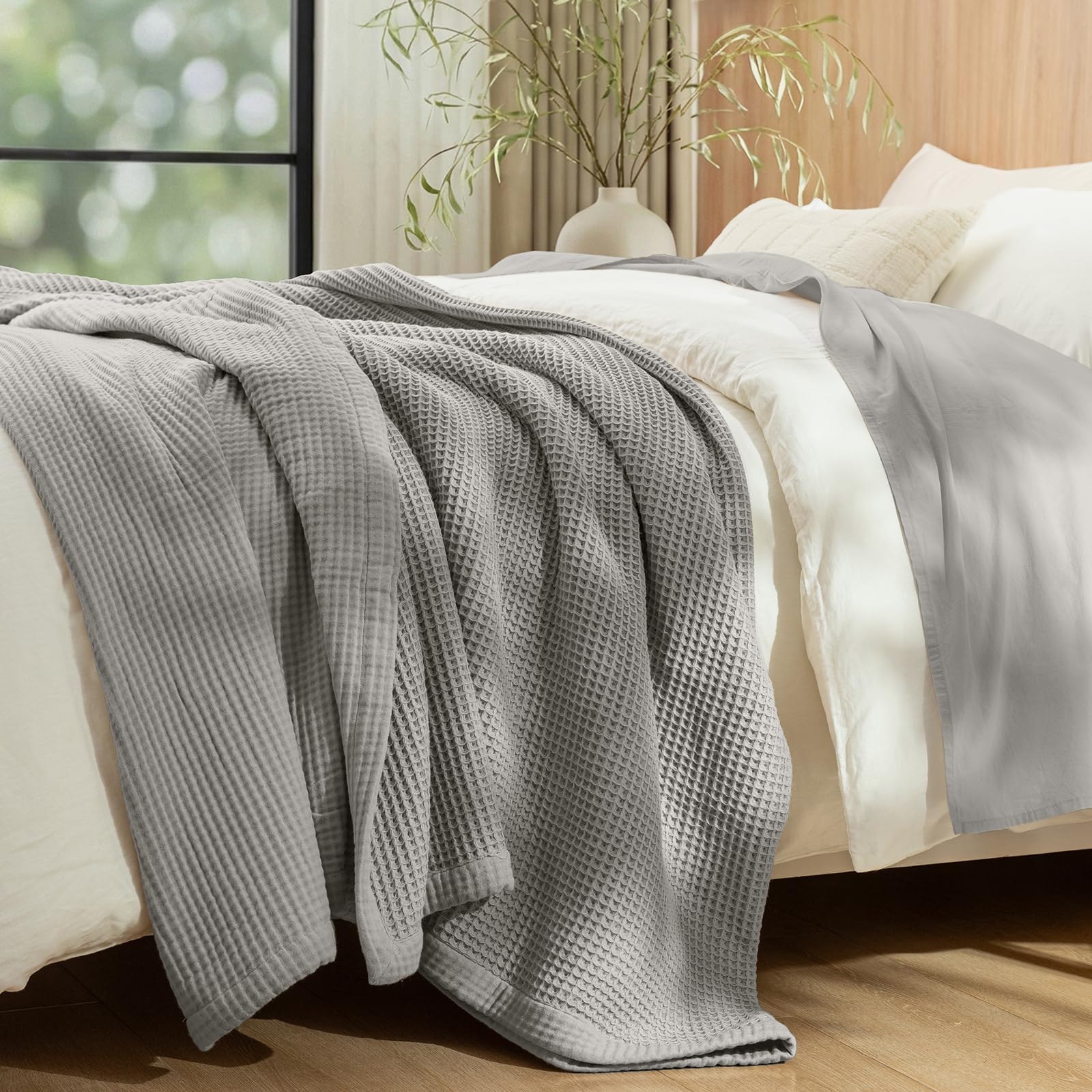 PHF 100% Cotton Waffle & Muslin Blanket King Size, Soft Breathable Luxury 400GSM Versatile Reversible Bedding for Bed, Great for Layering in Cold