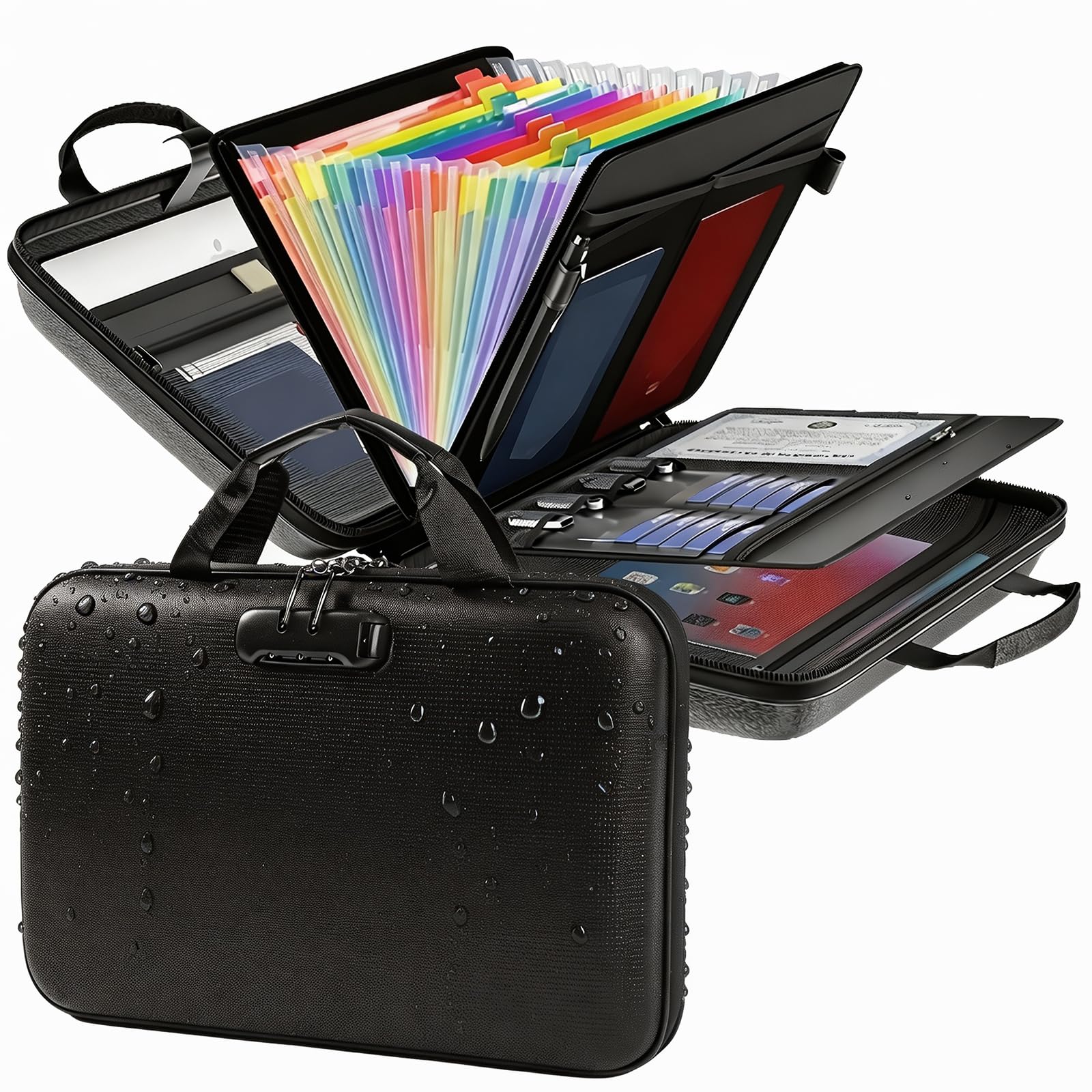 SnagShill Water-Repellent Hard Shell Document Case, Business Organiser with Metal Zip & Combination Lock for A4 Documents, Contracts, Certificates, Tablet & Accessories, Office & Travel