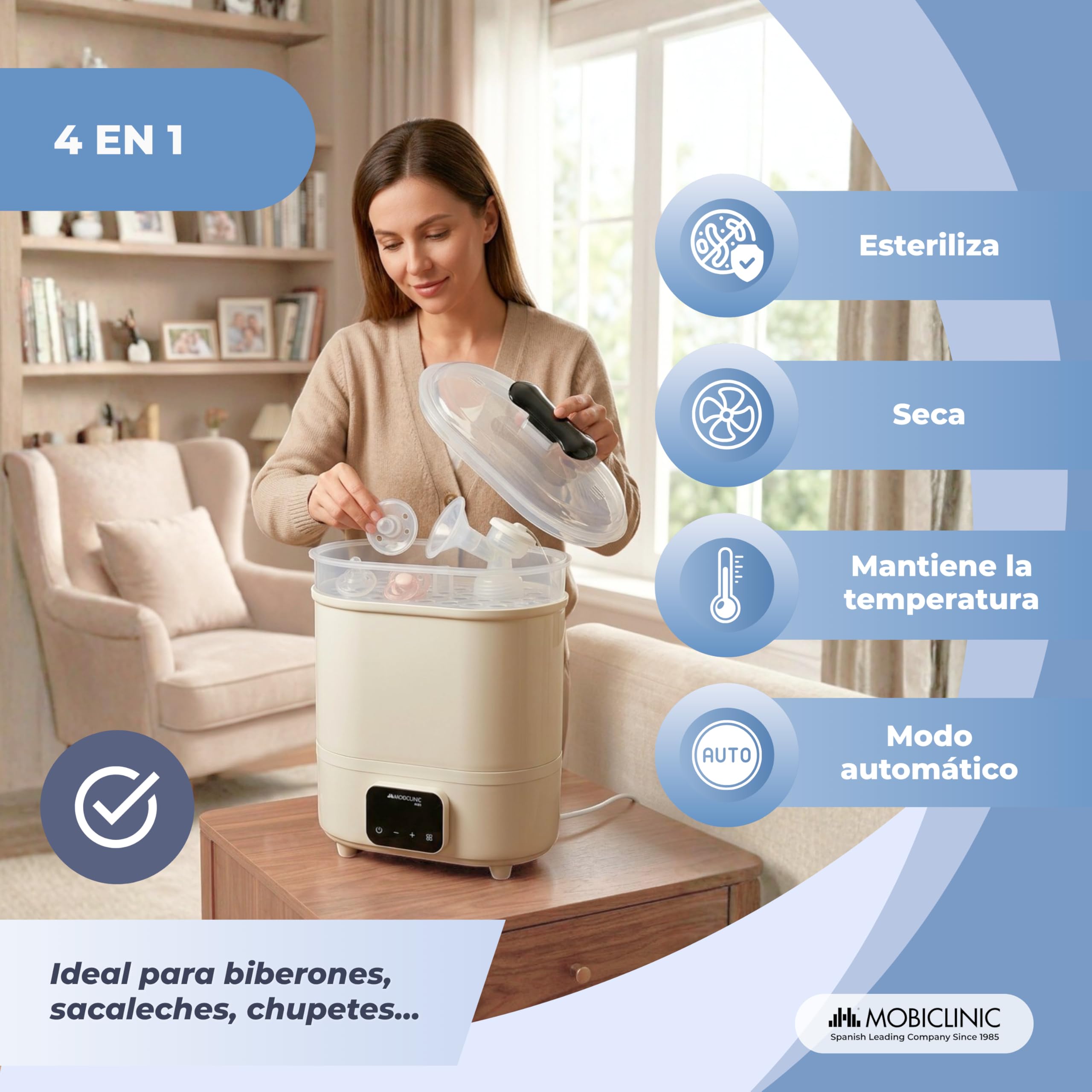 Mobiclinic®, Esterilizador de Biberones, 4 en 1, Hasta 6 Biberones, Seca, Mantiene la Temperatura, Modo Automático, Chupetes y Sacaleches, Pantalla LCD, Compacto, Mobibi