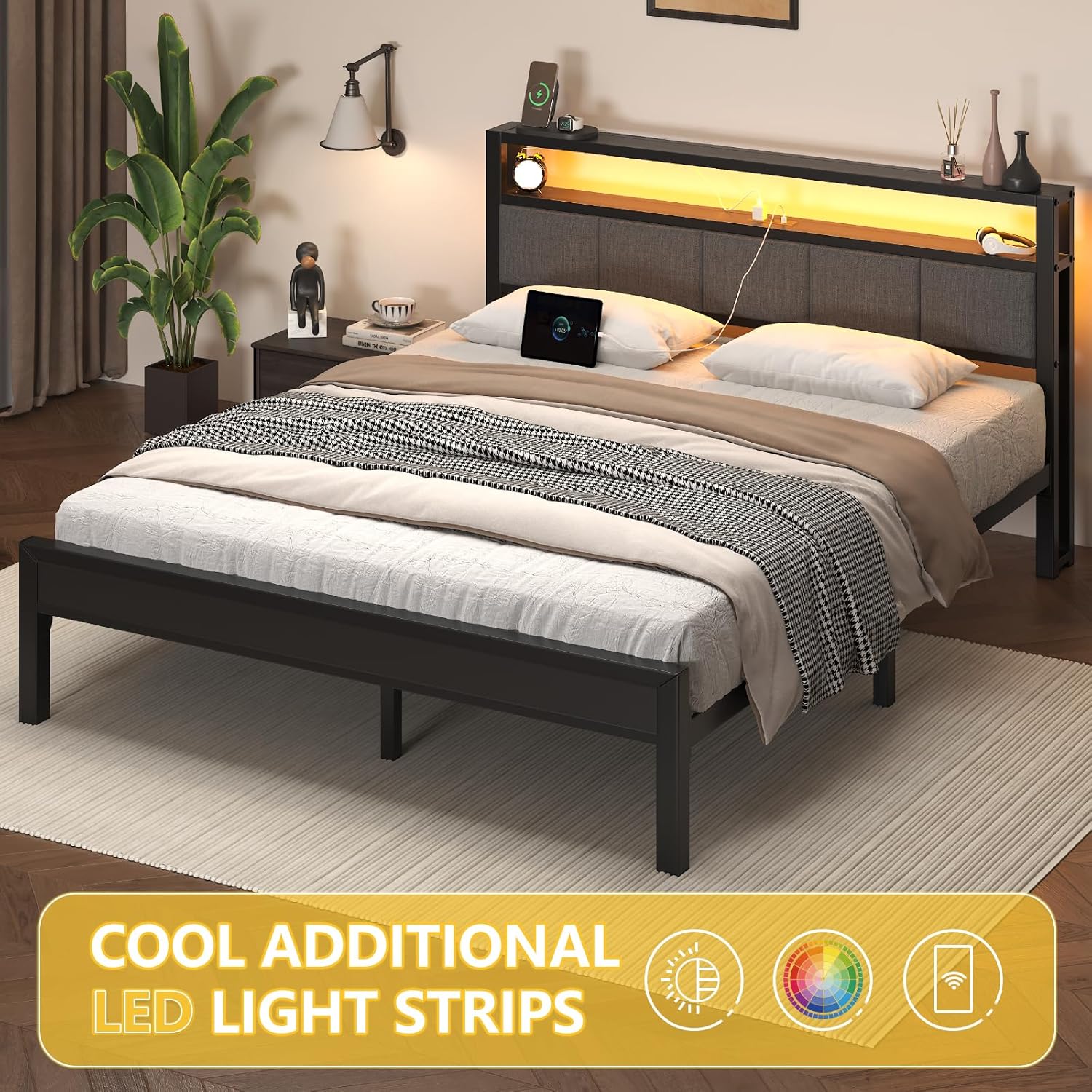 Queen Size Bed Frame with LED Lights and Charging Station, Wood Storage Headboard with 2-Tier Shelves, Heavy Duty Metal Slats, No Box Spring Need, Noise Free, Easy Assembly, Light Grey - Image 4