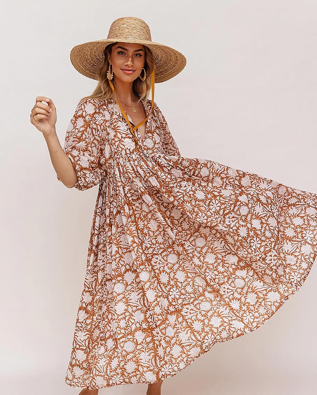 Casual Summer Dresses for Women Swing Floral Half Open Collar Boho Puff Sleeve Loose Midi Beach Dress - Image 2