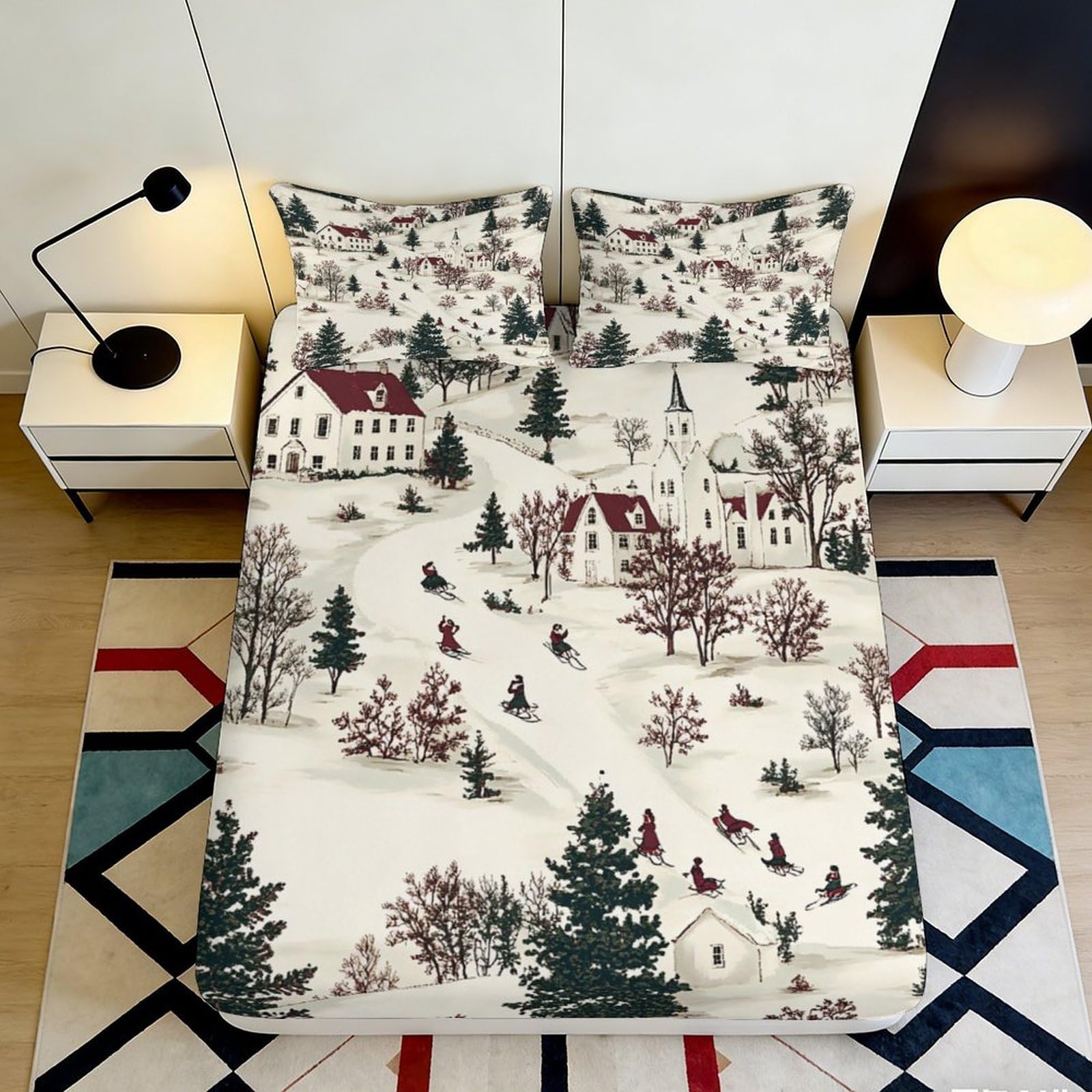 3D Printed Winter Village Fitted Sheet Microfiber Soft Breathable Snow Scene Bed Cover for Bedroom Dormitory Guest Room Mattress Protection Decor 200x200x25cm