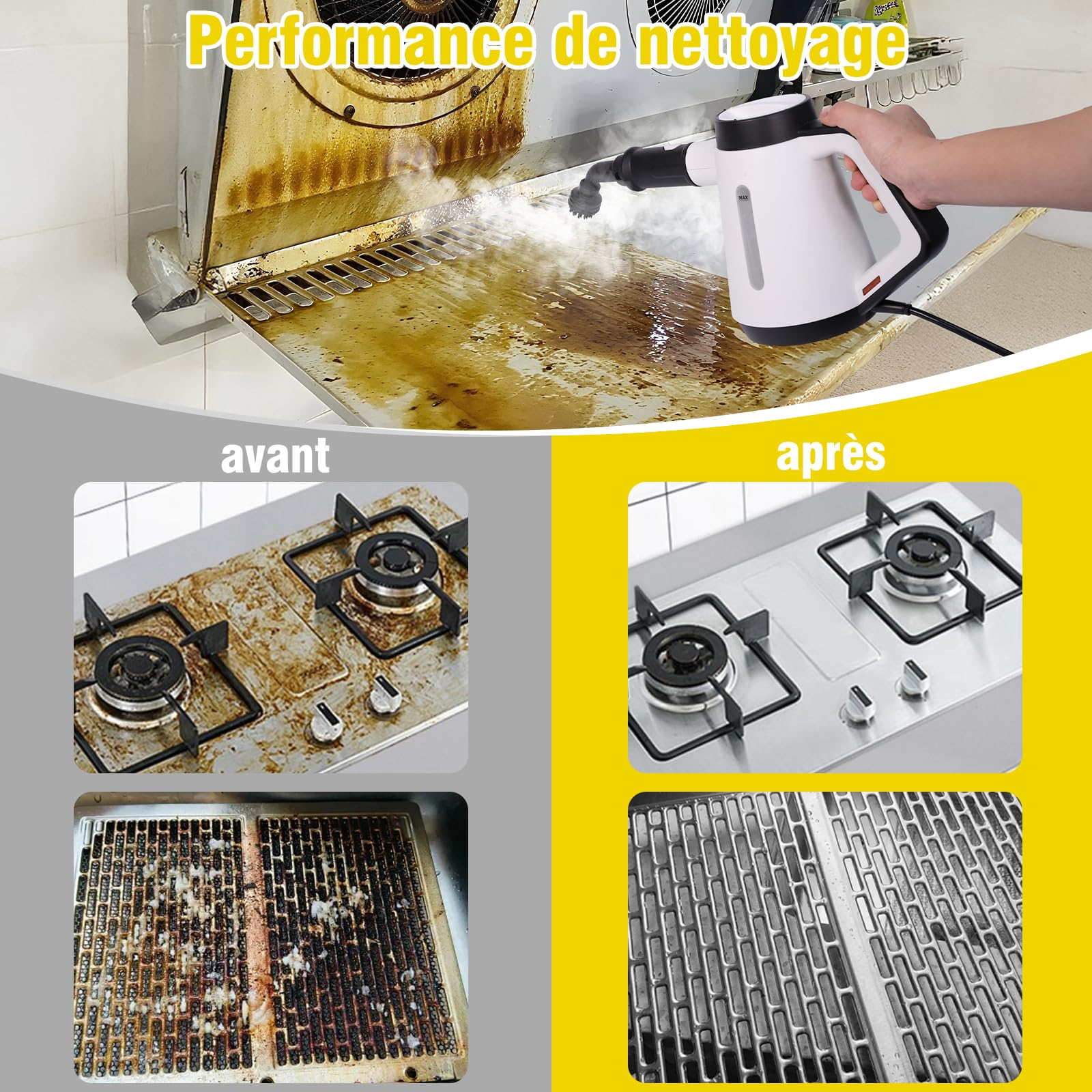 Fippesax Nettoyeur à vapeur portatif,Chauffage instantané 15S,Nettoyeur à vapeur multipurpose pressurisé 400ml avec 9pcs Accessoires (blanc)