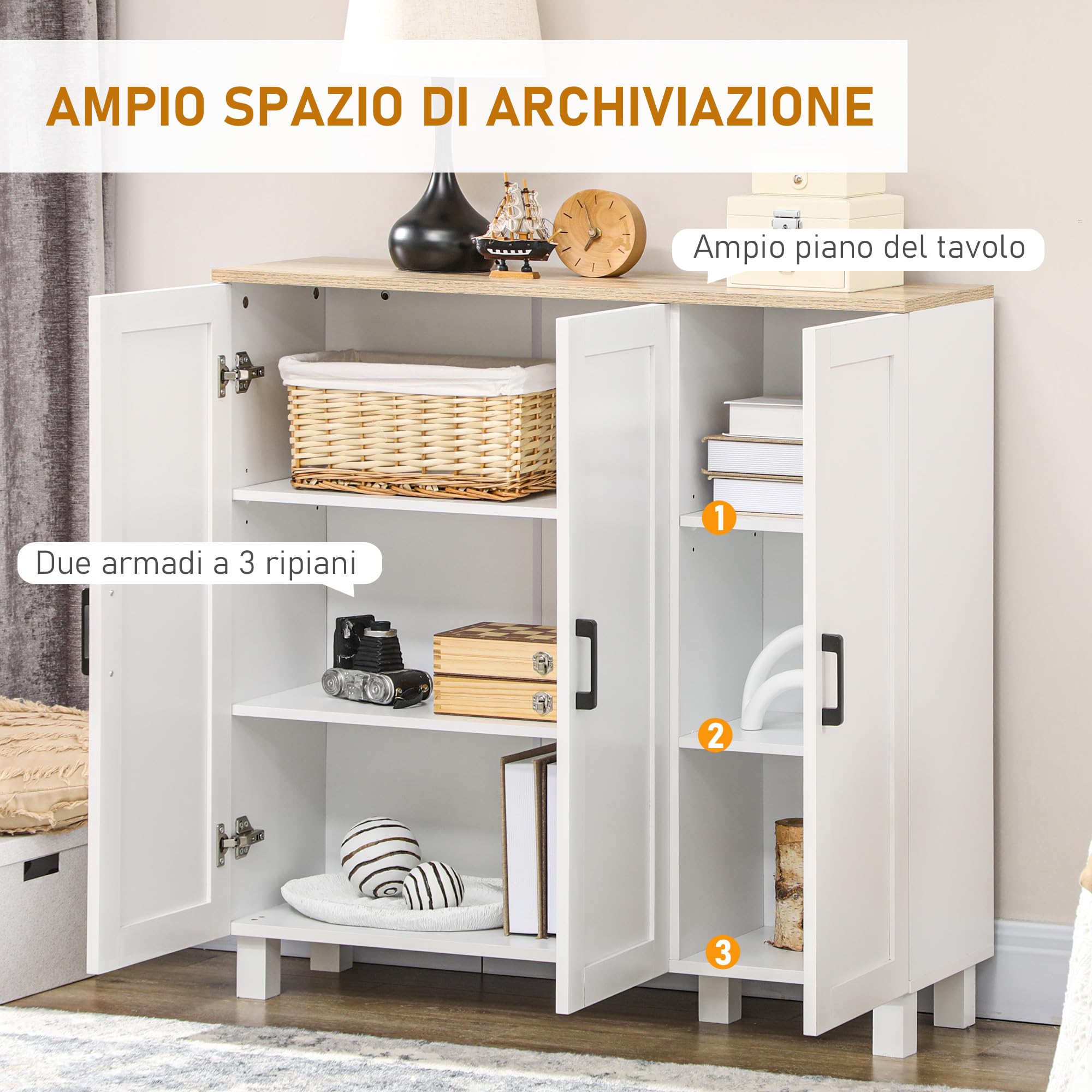 HOMCOM Credenza Cucina in Legno, Mobile Cucina a 3 Ante, Ripiani Regolabili, Stile Scandinavo, Credenza Buffet per Soggiorno, Salotto, Sala da Pranzo, 90x30x90cm, Bianco