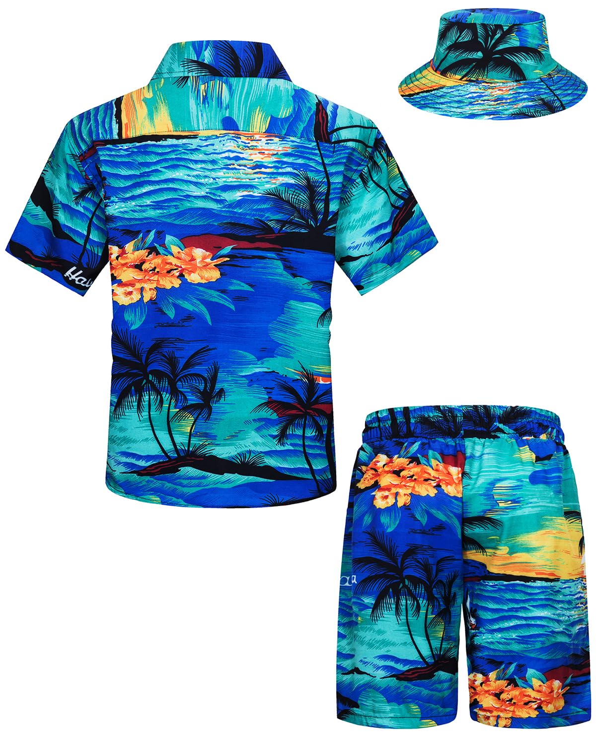 TUNEVUSE Little & Big Boys Hawaiian Button Down Camicie e set corti con cappello alla pescatora abiti estivi stampati per bambini Cabana Set