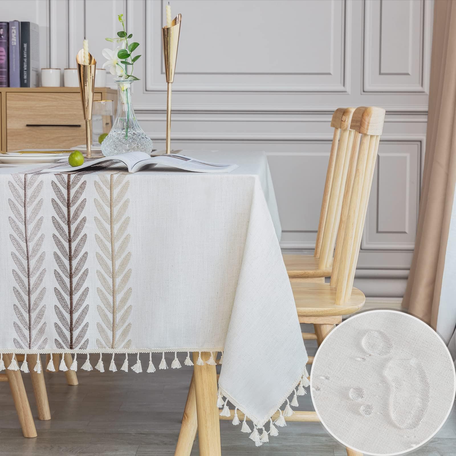 SUNBEAUTY Tischdecke 140x260 wasserdichte Abwaschbar Tischtuch Elegant Baumwolle Leinen Rechteckig Tischwäsche mit Tischdecke Quaste für Home Küche Speisetisch Dekoration