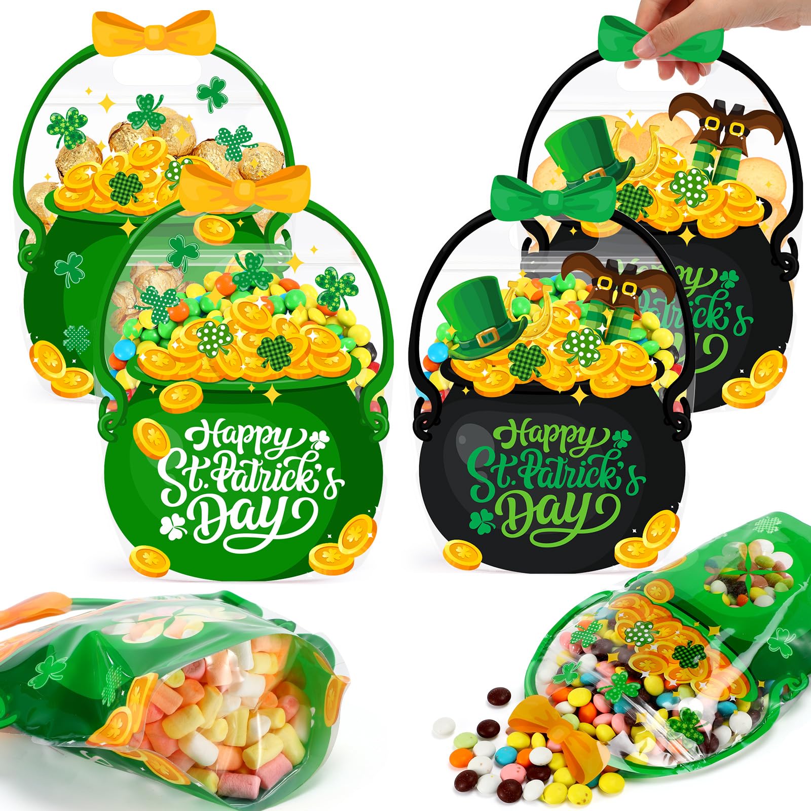 Fuutreo 50 Pcs St. Patrick's Day Gift Bags Green Black Cauldron Plastic Pouches with Handles Lucky Shamrocks Goodies Bags for Irish Holiday Party Candy Gift Wrapping Supplies Decor(Gold Coin Cauldron) — image 1