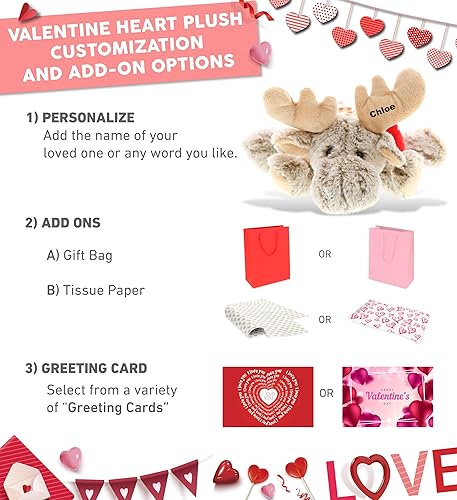 Miniatura 2 de DolliBu Peluche con texto en inglés "I Love You Lying Moose"  Lindo animal de peluche con mensaje de corazón rojo y personalización de nombre para