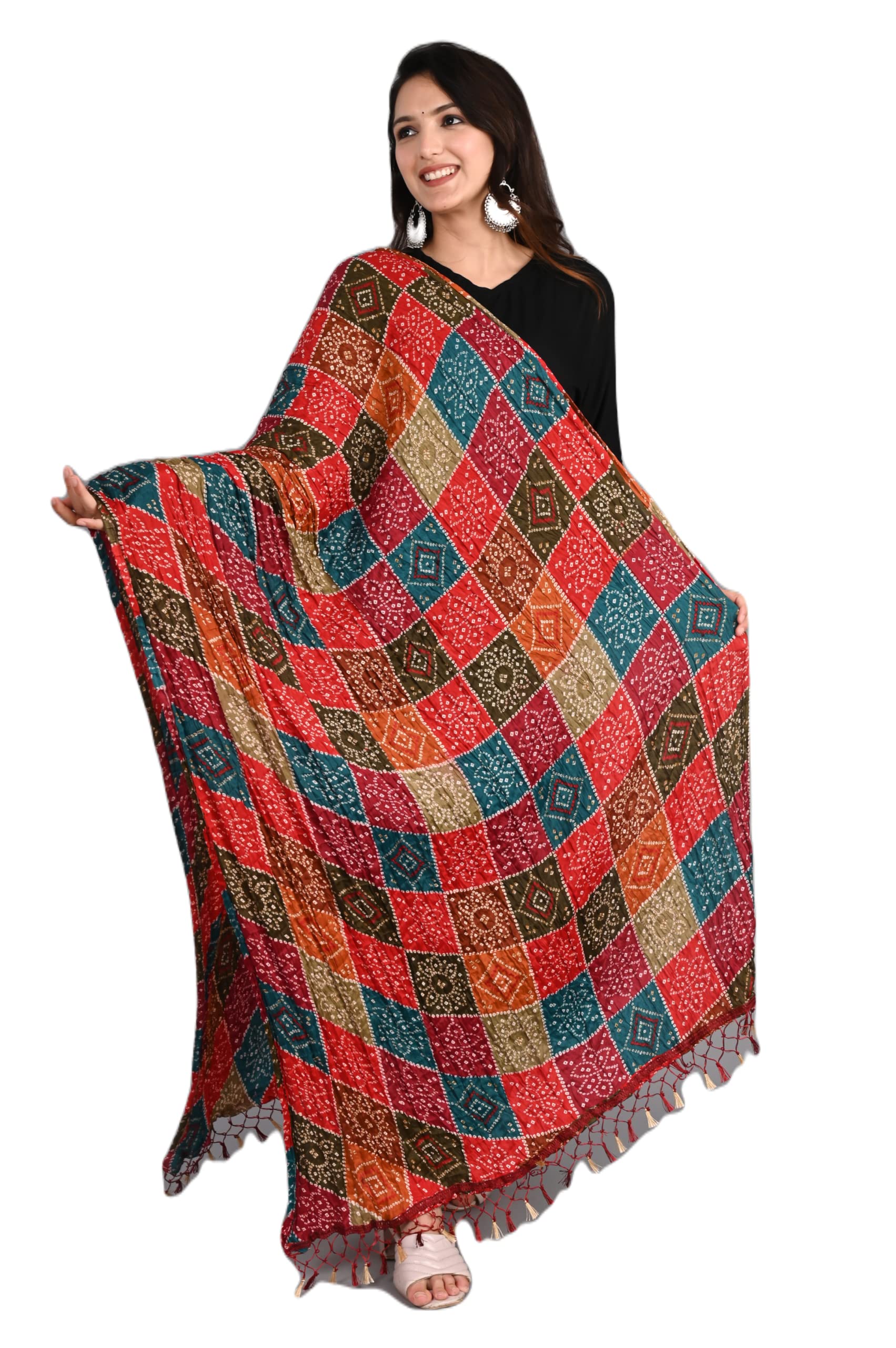 Women's Jaipuri Rajasthani Chinon Silk bandani Bandhej Dupatta With Lace Chunni (2.30 Meter)-picture-23