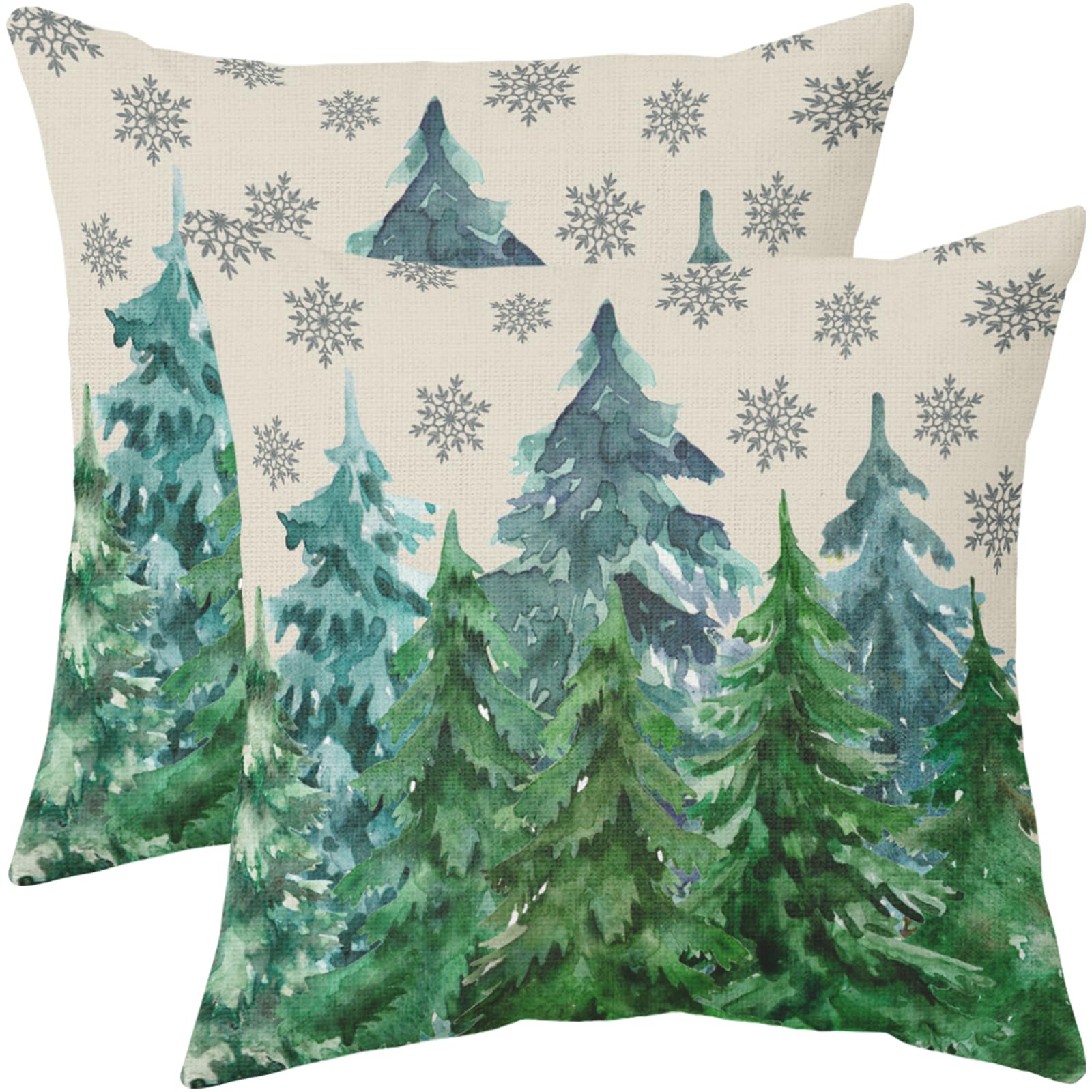Christmas Pillow Covers 18x18 Set of 2 Blue Green Watercolor Tree Snowflakes Rustic Winter Nature Forest Print Outdoor Decorative Throw Pillows