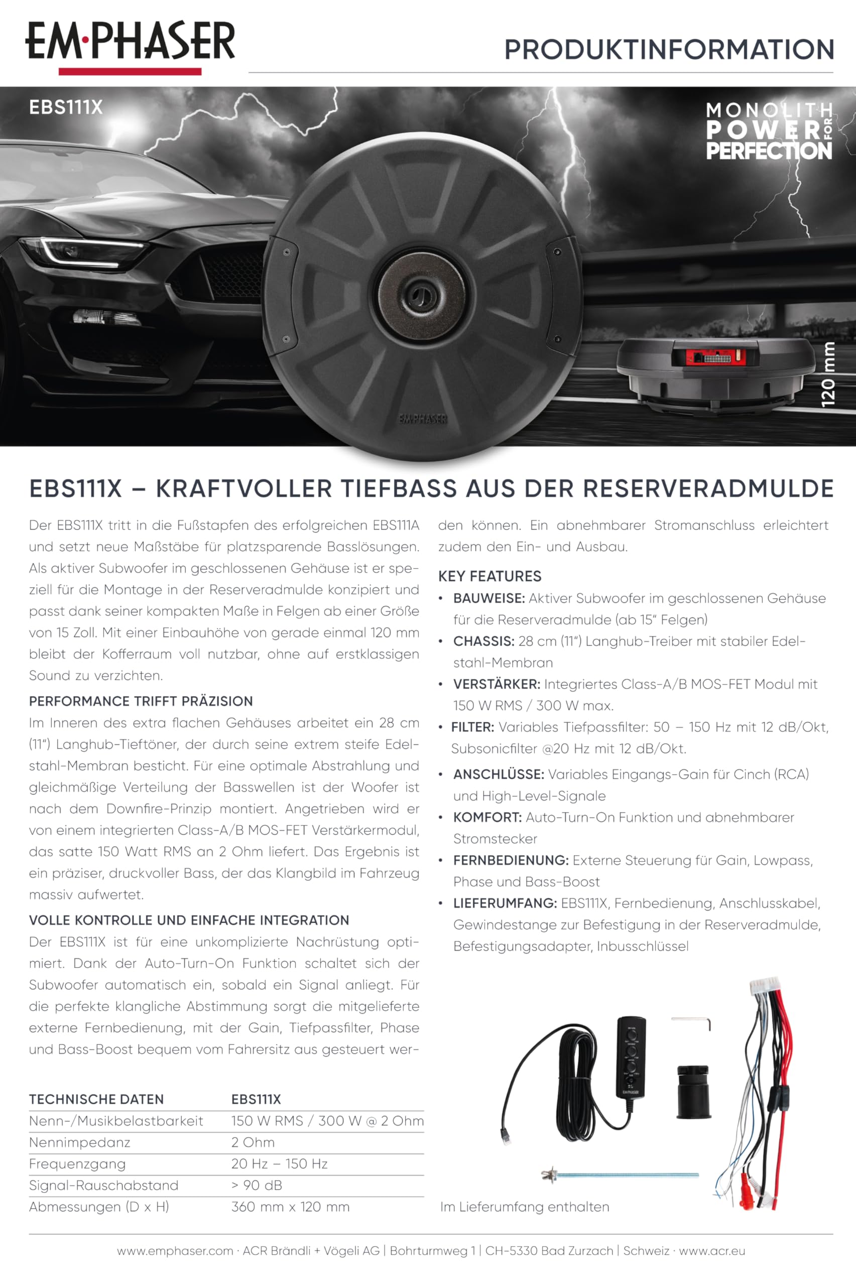 EMPHASER EBS111X – Aktivsubwoofer für Reserveradmulde oder Ersatzrad – 28 cm / 11" Auto Subwoofer mit 300 W Verstärker, kompakte Car-Audio Bassbox, nur 120 mm Bauhöhe