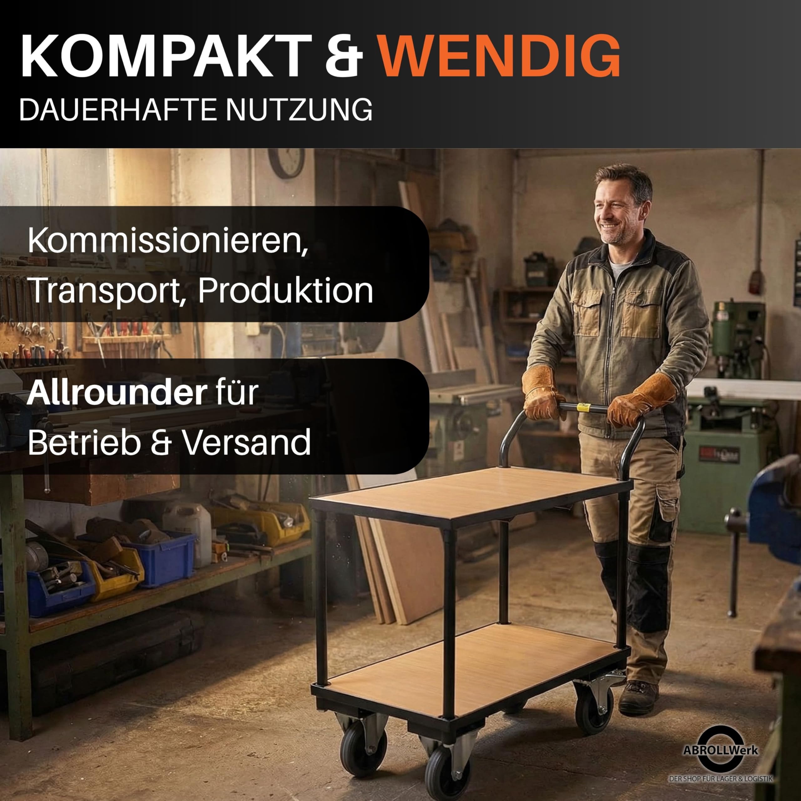 Etagenwagen schwarz 400 kg Traglast – Rollwagen mit 2 Ebenen & Vollgummireifen – Plattformwagen Stahl 95x50x97 cm – Robuster Werkstattwagen Kommissionierwagen Tischwagen (1, schwarz)