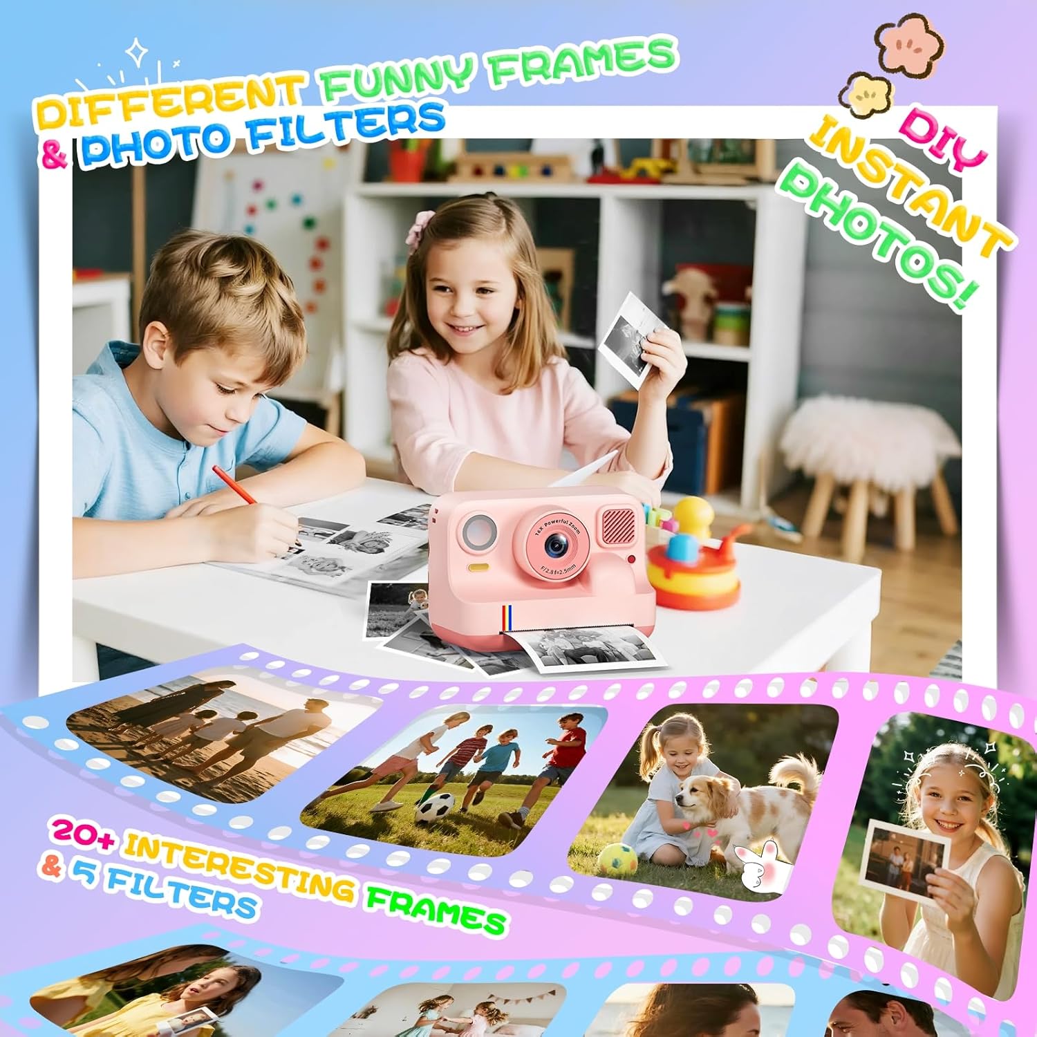 Instant Print Camera for Kids, Christmas Birthday Gifts for Girls Boys Age 3-15, 1080P Selfie Portable Digital Video Camera with 32GB SD Card, 3-Colored Print Paper- Pink