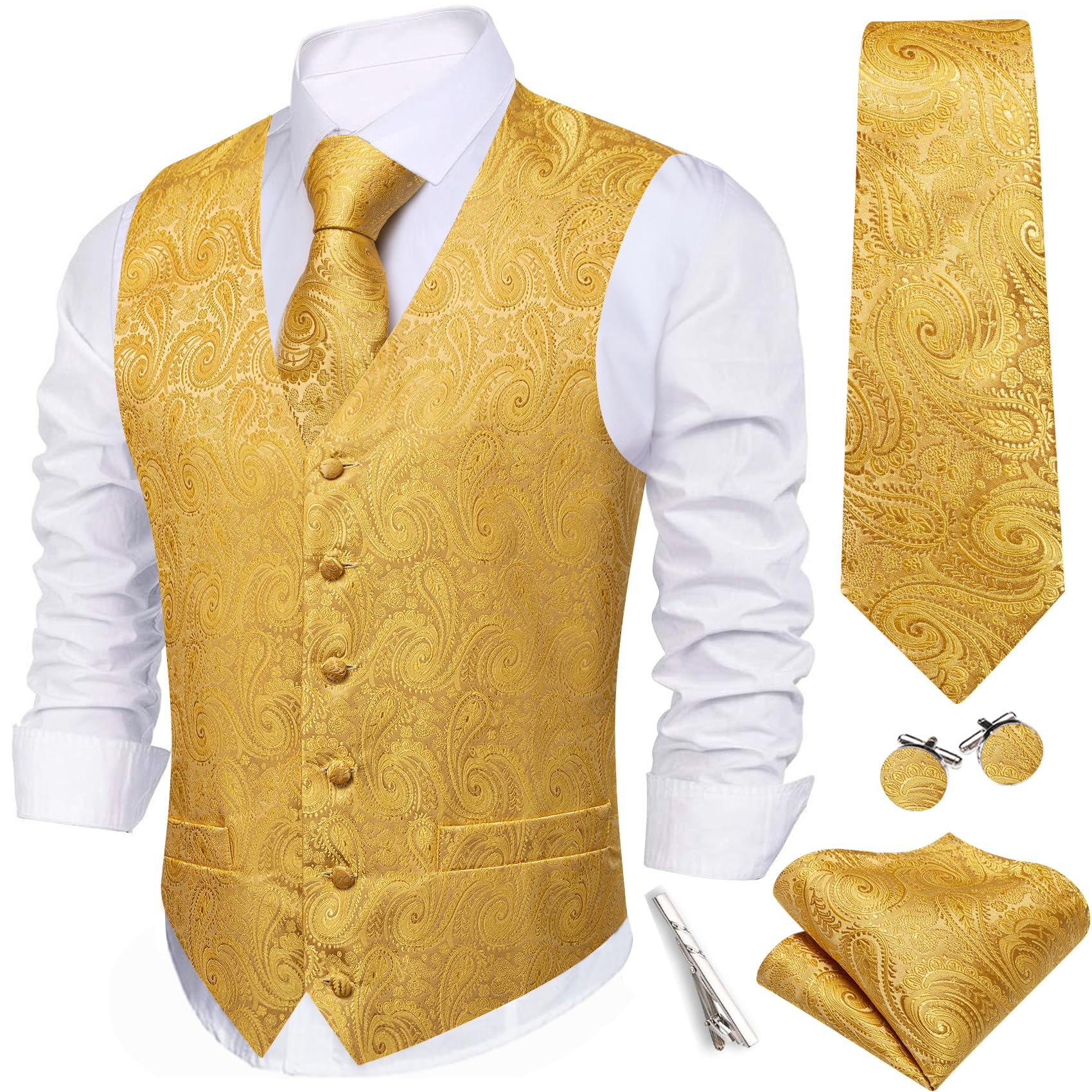 Barry.Wang Mens Suit Vest Floral Silk Waistcoat Ties Formal/Leisure 5PCS