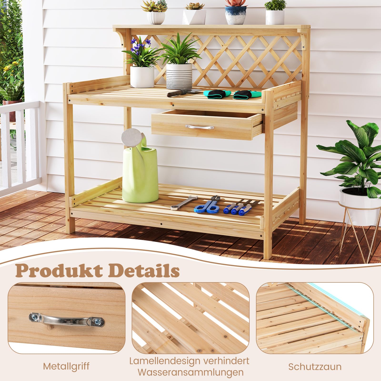 COSTWAY Pflanztisch mit Rankgitter, Gärtnertisch Holz mit Arbeitsplatte, Schublade & 2 Ablagen, Garten Arbeitstisch Tannenholz, für Garten Balkon Terrasse, 90 x 59 x 88 cm, Natur