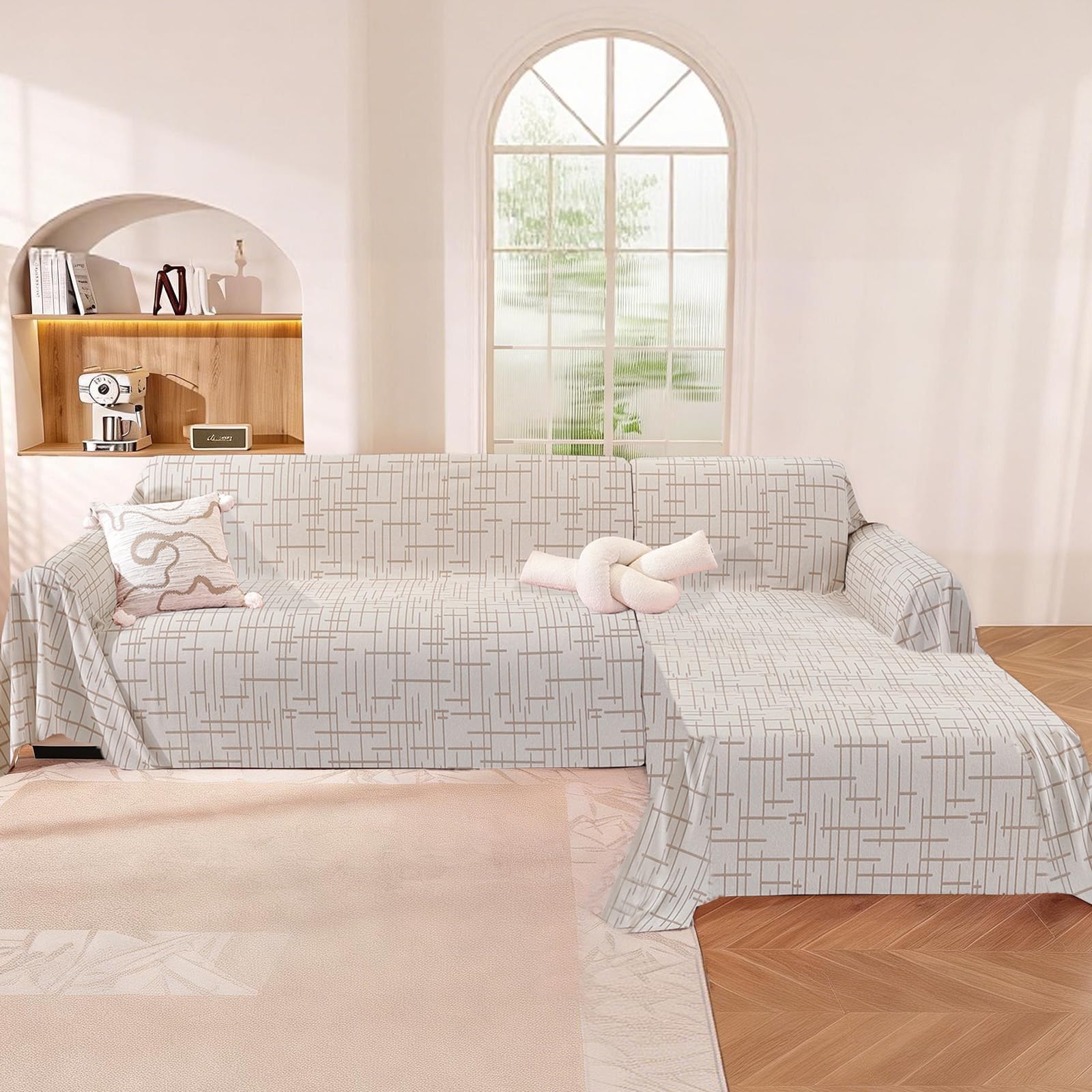 YSTELLAA Funda Sofa 3 Plazas, 200x340 CM, Cubre Sofas Multipurpose con Reposabrazos, Sofa Cover For All Seasons, Funda Sofá Stain-Resistant, Beige