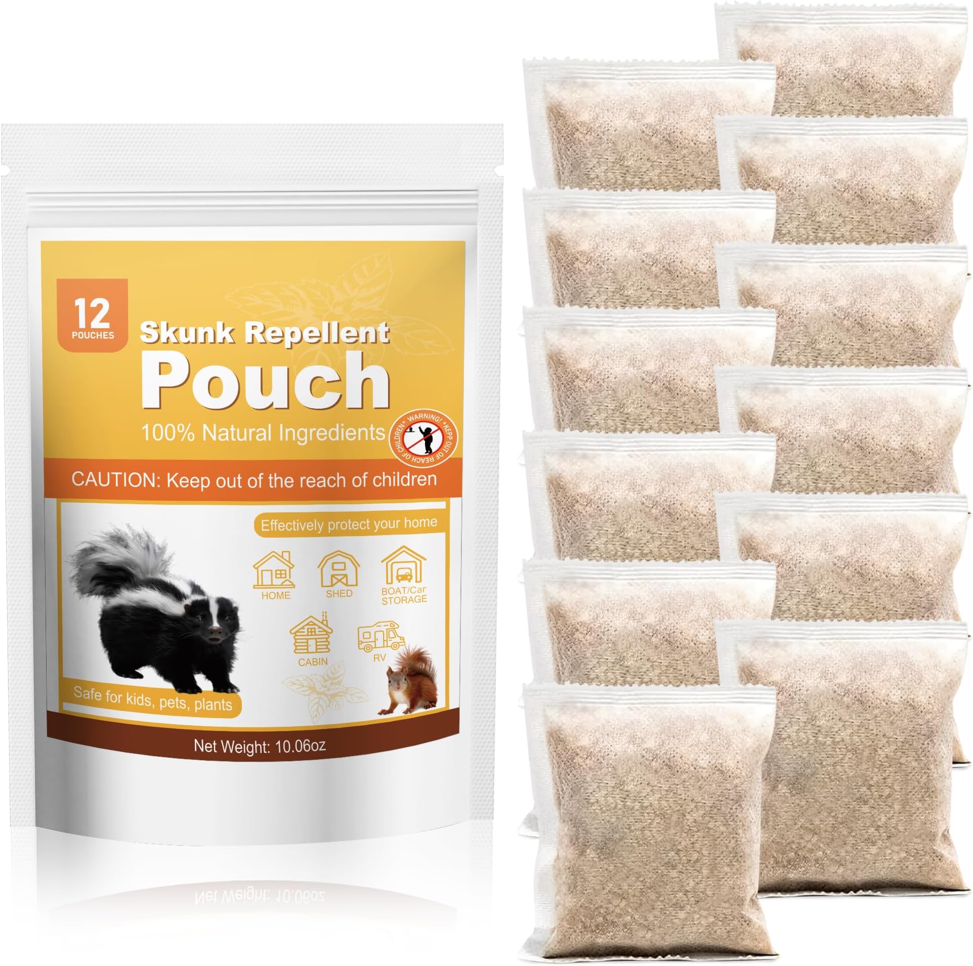 12 Pack Skunk Repellent Outdoor, Natural Peppermint Skunk Repellent Pouches Humane Drive Away Skunk, Rodent, Squirrel, Mouse, Mole from Yard Garden Lawn, Skunk Deterrent Outdoor