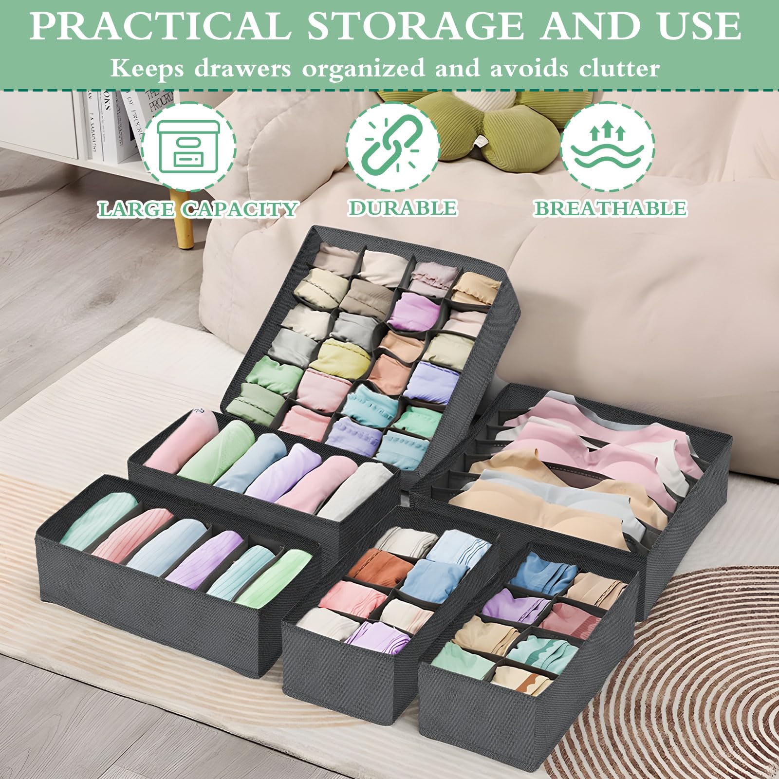 Set 8 Organizer Cassetti Pieghevoli Per Intimo, Calzini E Reggiseni - Divisori Tessuto Salvaspazio - Foto 9