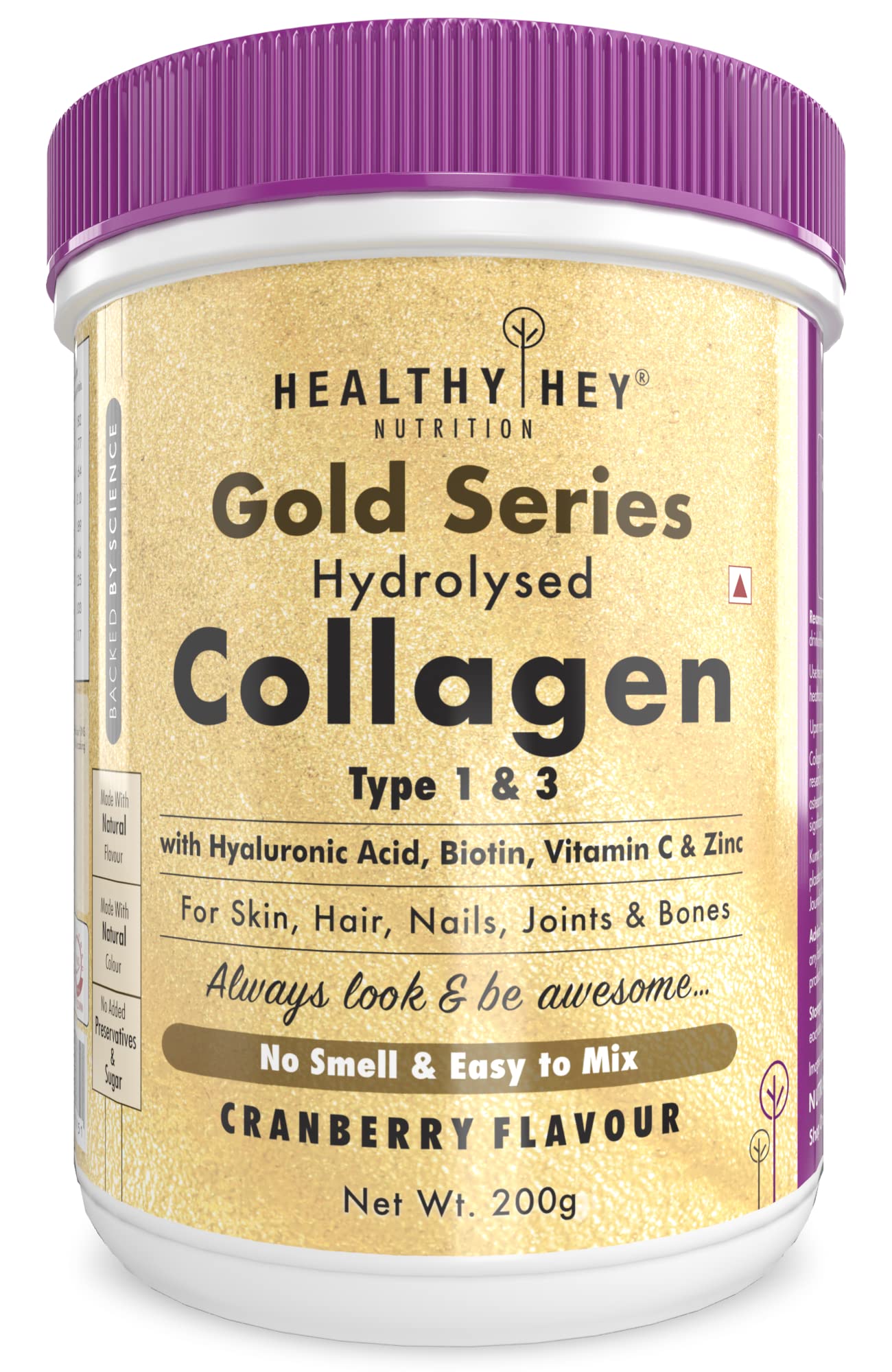 HealthyHey NutritionCollagen Gold Series with Hyaluronic Acid, Biotin & Vitamin C - No Smell - Easy to Mix - No Added Sugar - For Skin, Hair & Nails (Cranberry, 200gm)