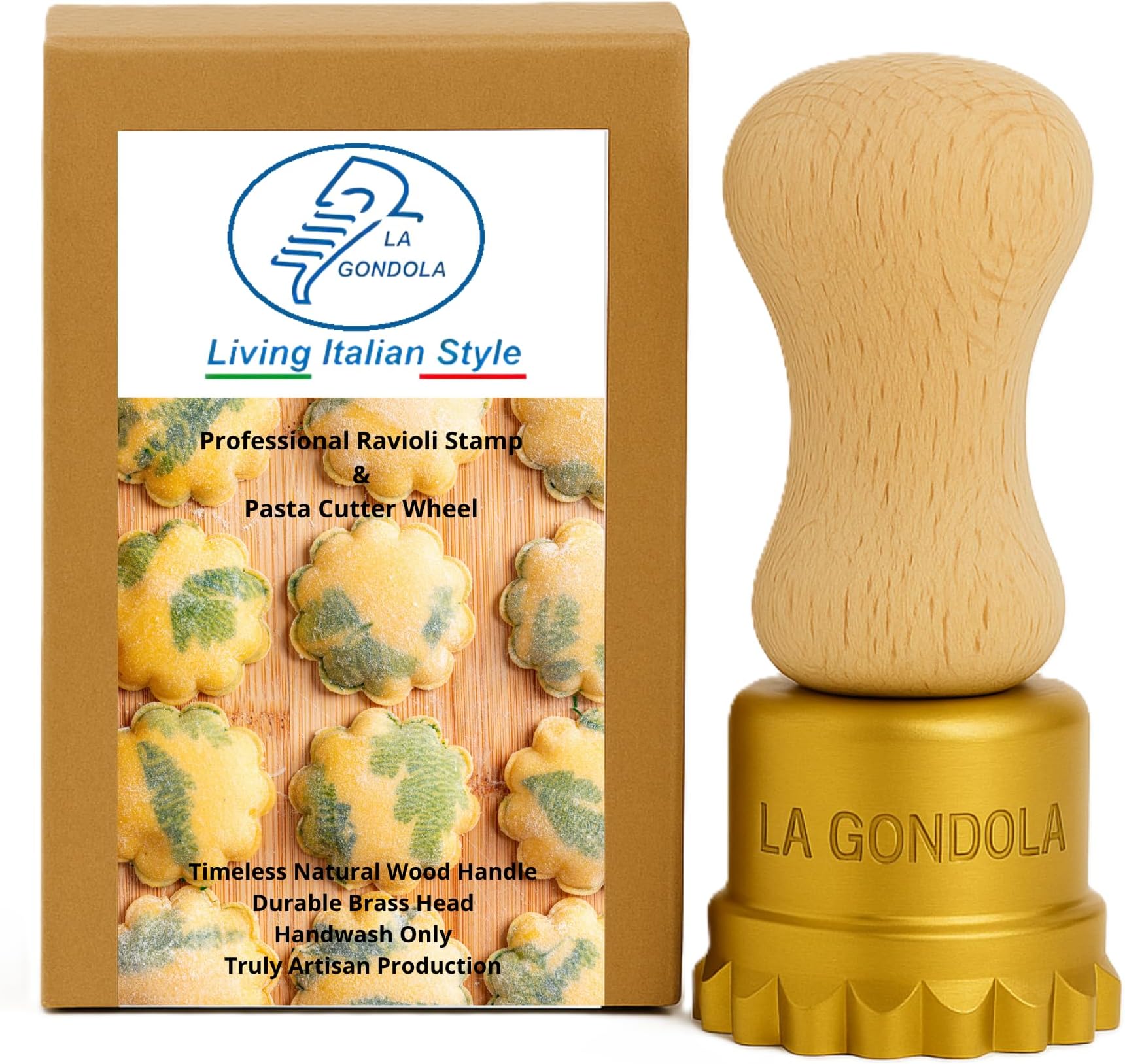 LA GONDOLA Homemade Ravioli Stamp - Round Flower 50mm | Italian Pasta Making Tool for Home and Business | Brass & Natural Wood | Sturdy & Easy to Use Ravioli Stamp