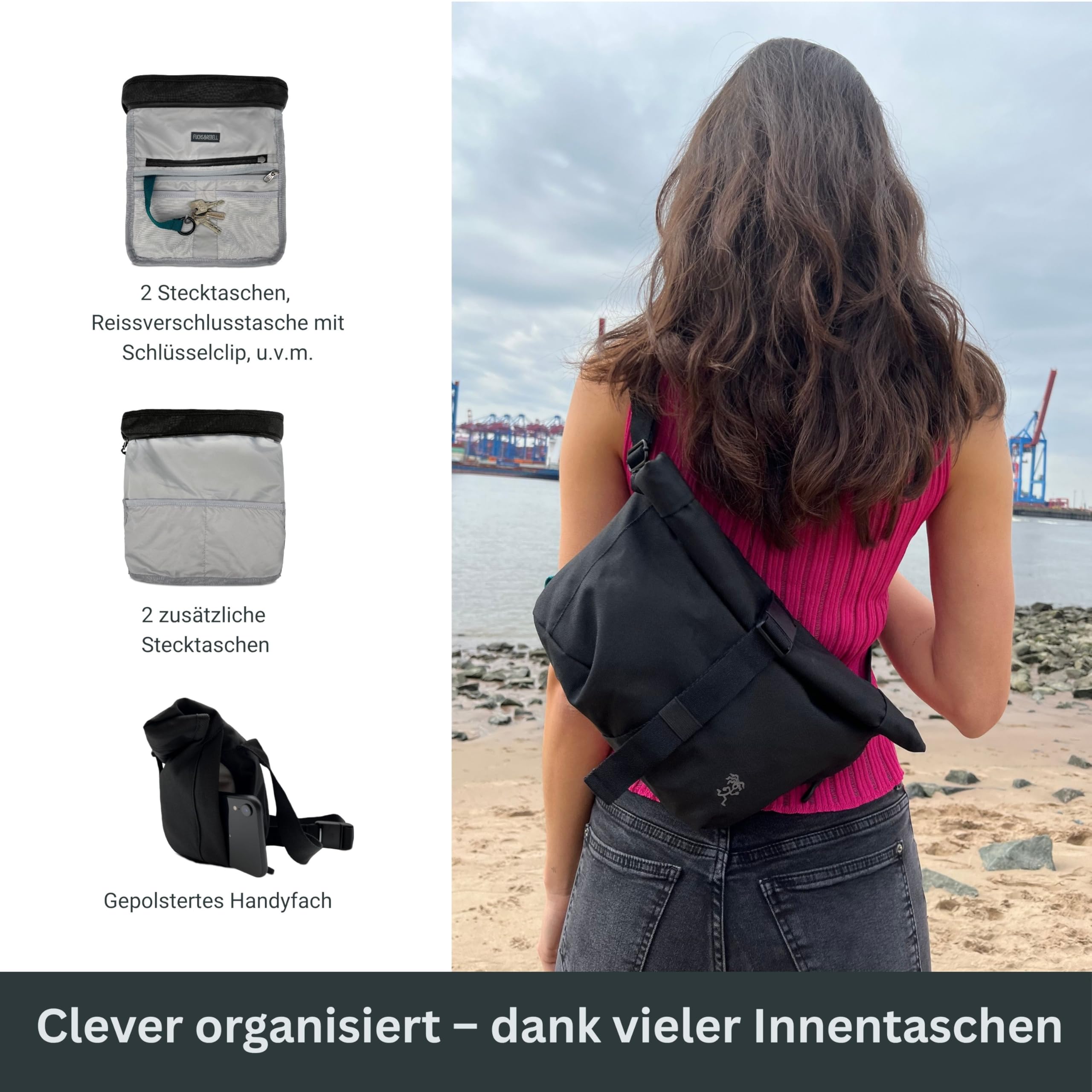 FUCHS & REBELL® Crossbody Fahrrad Tasche LUCA mit Rolltop (4,5-8L) | 3-Punkt-Gurt-System für mehr Stabilität, Robuste Magnetschnallen, Viele Fächer, Flexibles Volumen (4,5-8L)