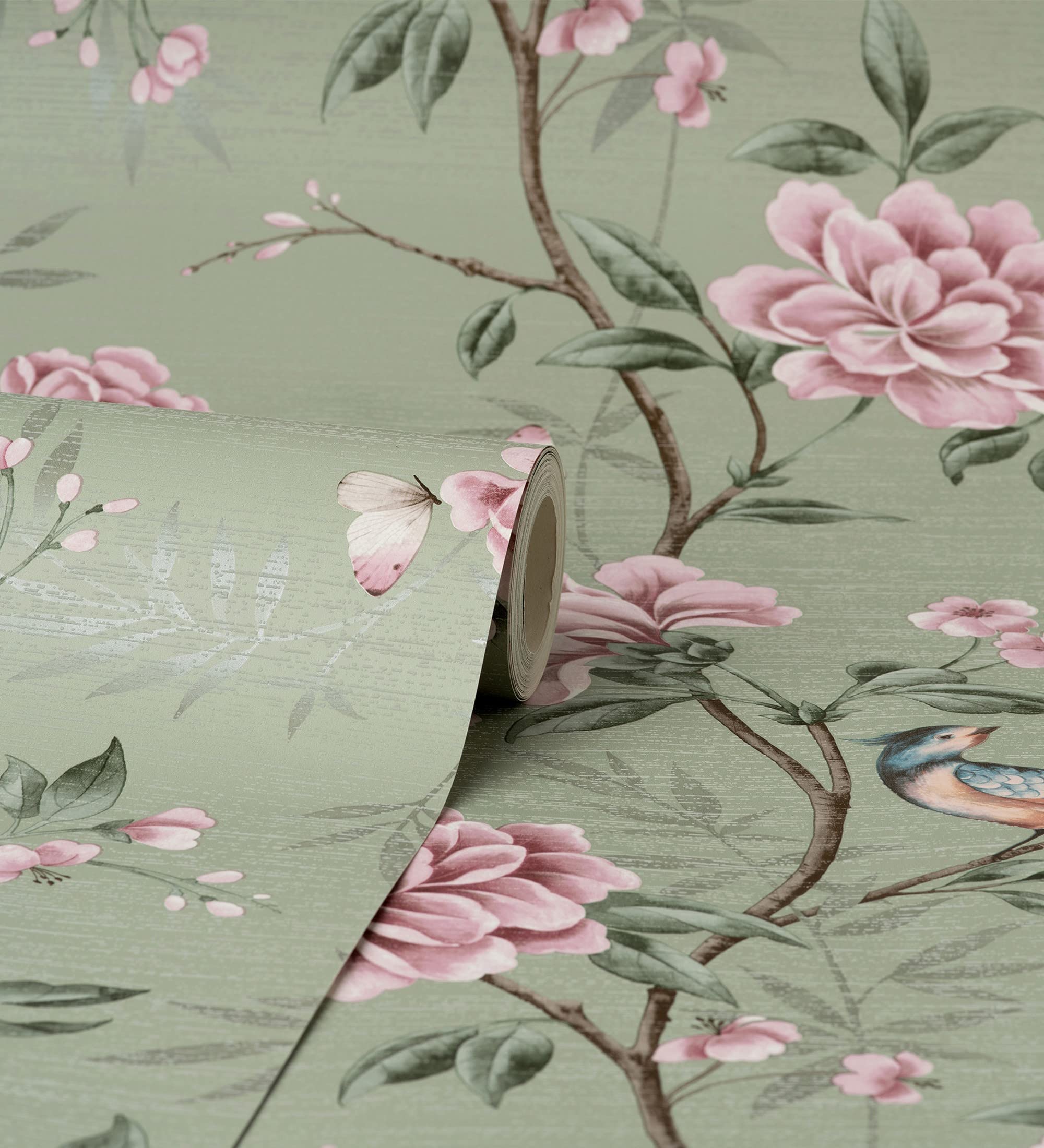 GAULAN 681988 - Papel pintado de pájaros y flores fondo texturizado efecto fibra vegetal verde para pared salón cocina baño dormitorio comedor - Rollo de 10 m x 0,52 m