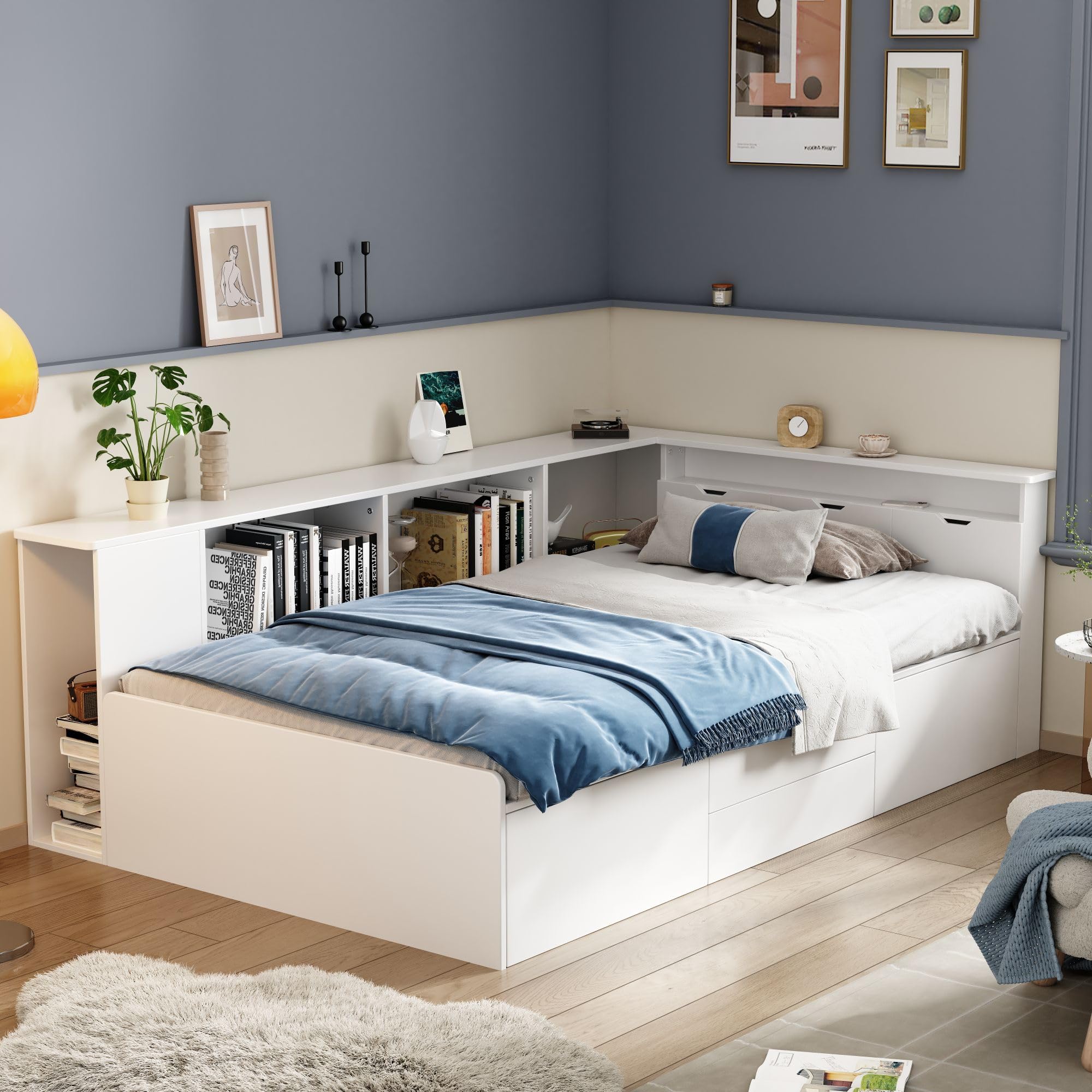 Rtopsu Letto Singolo 90x200 cm con Contenitore Cassetti e Libreria, Letto Multifunzionale per Bambini con Vano Portaoggetti e Rete a Doghe in Legno, Rete con 3 Contenitore, Bianco, Senza Materasso