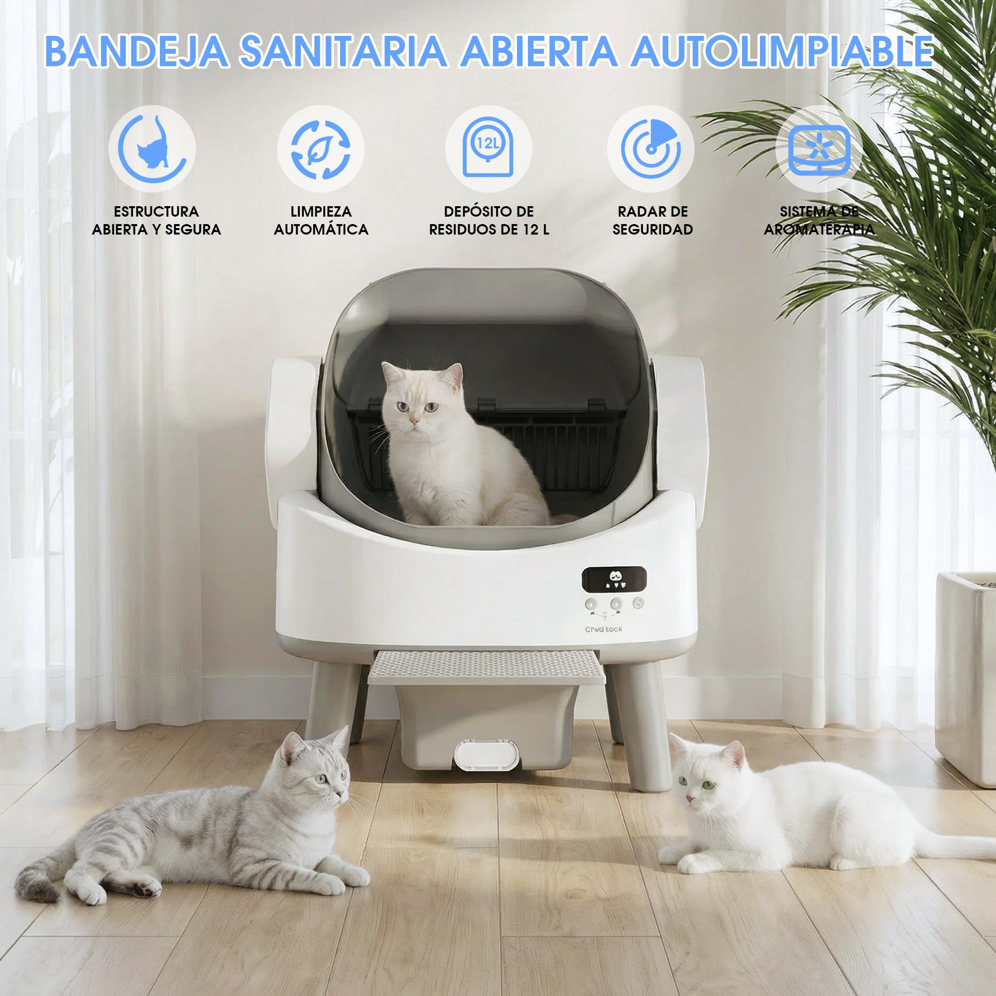 Arenero Gatos Autolimpiable Grande, con 4 Protecciones, Gran Espacio & Fácil Montaje, para Gatos de hasta 10 kg – La Elección Ideal como Primer Arenero Electronico