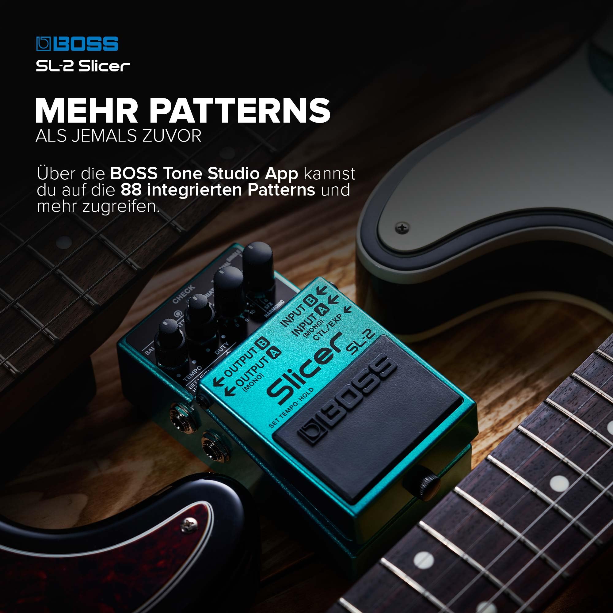 BOSS SL-2 Slicer | Kompaktpedal für Gitarre, Keyboard, DJs & mehr | Erzeuge pulsierende Grooves | Mehrere Slicer-Spuren | 88 integrierte Patterns | Stereo-Ausgangsmodi | Steuerung über MIDI-Eingang