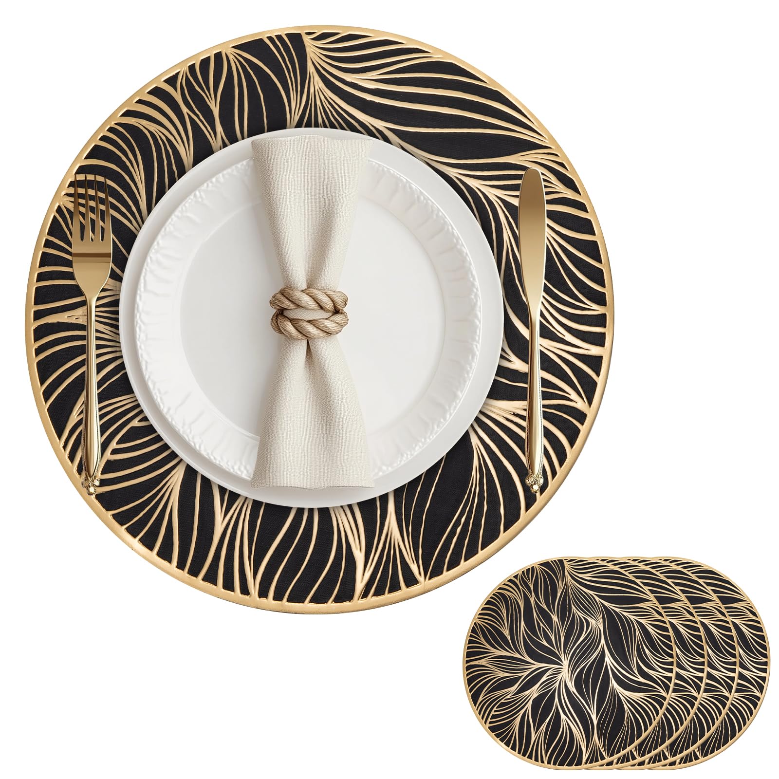 Placemats for Dining Table Set of 4 Laminated Leaf Non-Slip Heat Insulation Place Mats Pressed Vinyl Table Mats For Holiday Party Wedding Accent Centerpiece Black Gold