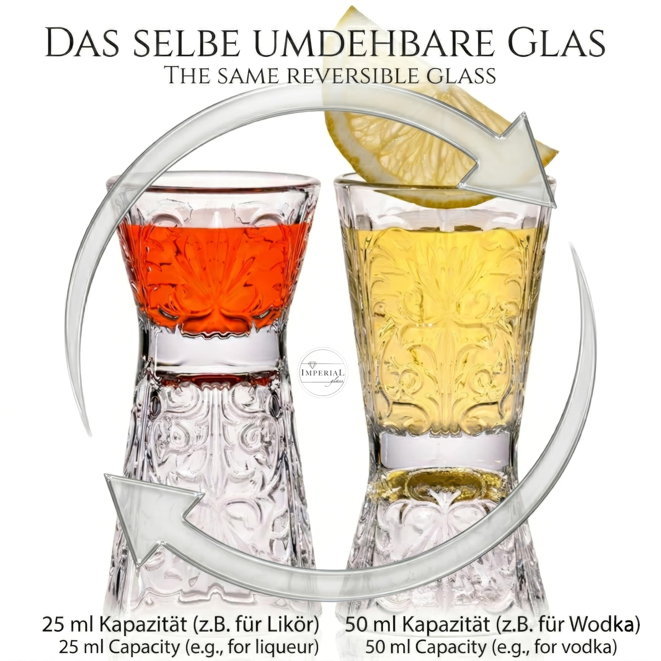 Juego de 6 vasos de chupito de cristal Crystalline, reversibles, 30 ml/60 ml, vasos de chupito Tiki con relieve, aptos para lavavajillas