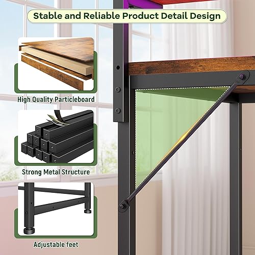 Miniatura 7 de Escritorio de oficina de 47.2 pulgadas con toma de corriente y soporte ergonómico para monitor, escritorio para juegos con soporte para CPU y luces