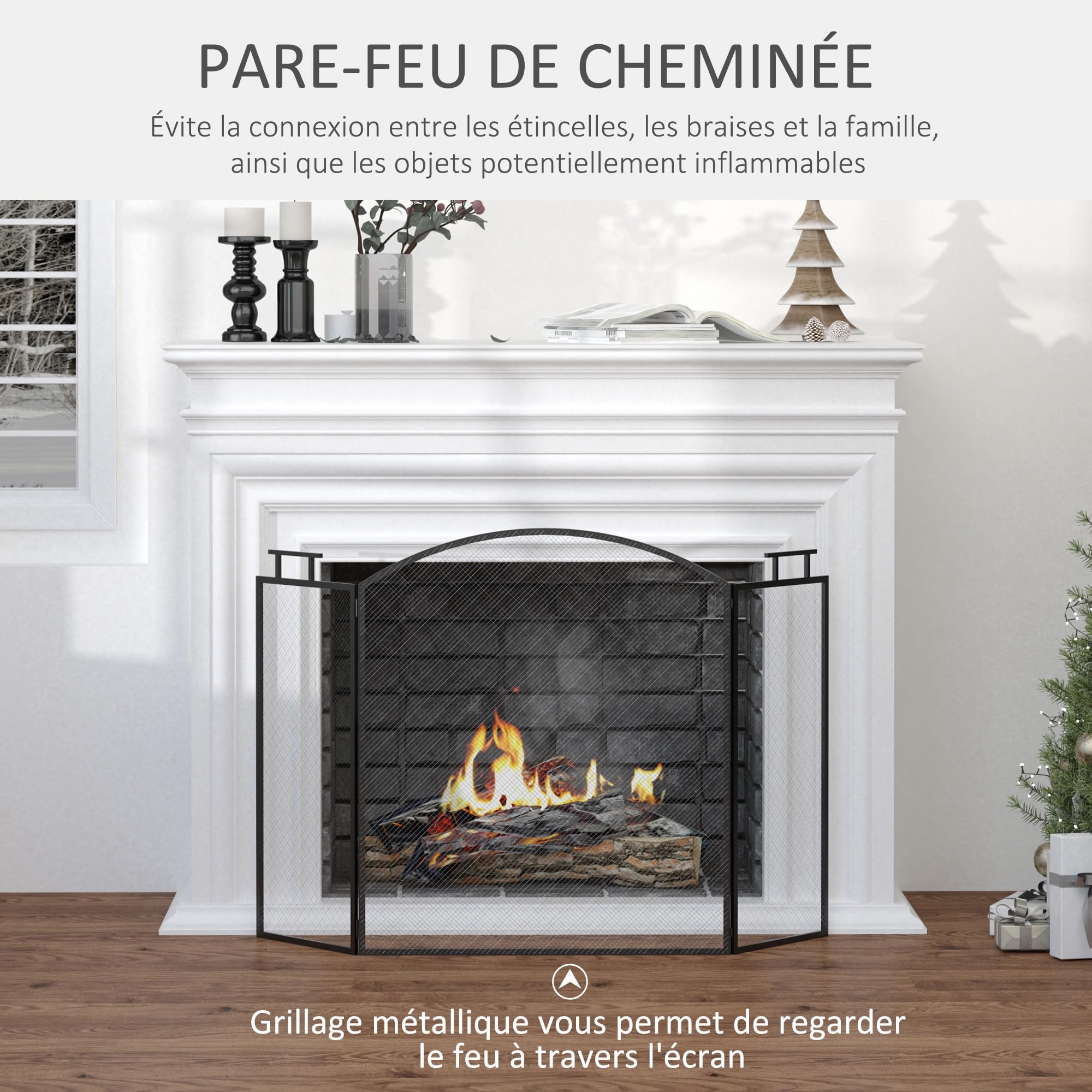 HOMCOM Pare-feu pour cheminée ou poêle 3 Volets Pliables 110x24x76,5 cm Acier Noir