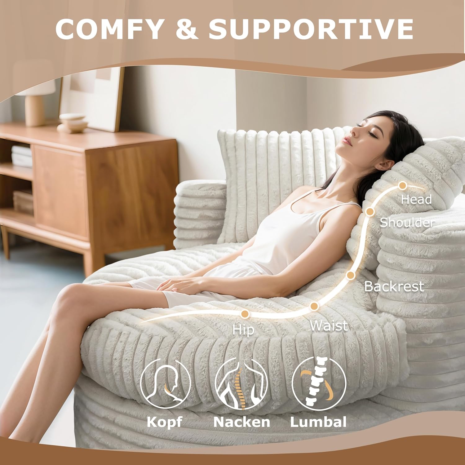 ​47" Round Oversized Lounge Chair-with Thick Cushion, Removable Cover & 2 Pillows – Soft Corduroy Fabric, Cozy for Living Room or Bedroom​ Comfy Bean Bag Sofa