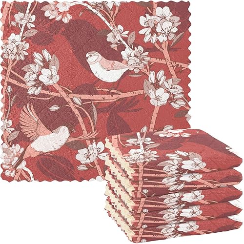 Birds Blooming Floral Red Soft Print Towels for Drying Dishes Quick Dry Set of 6 Dish Tea Towels for Bathroom Table