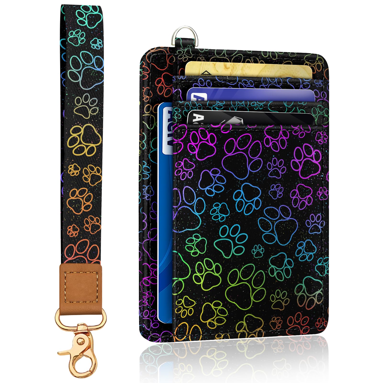 Yonlevres Dog Paw Credit Card Holder Slim Wallet, RFID Wallet Women Front Pocket Wristlet Lanyard, Small Card Holder Travel Funny Cute Thin Card Case ID Window PU Leather Card Organizer Gifts Girls