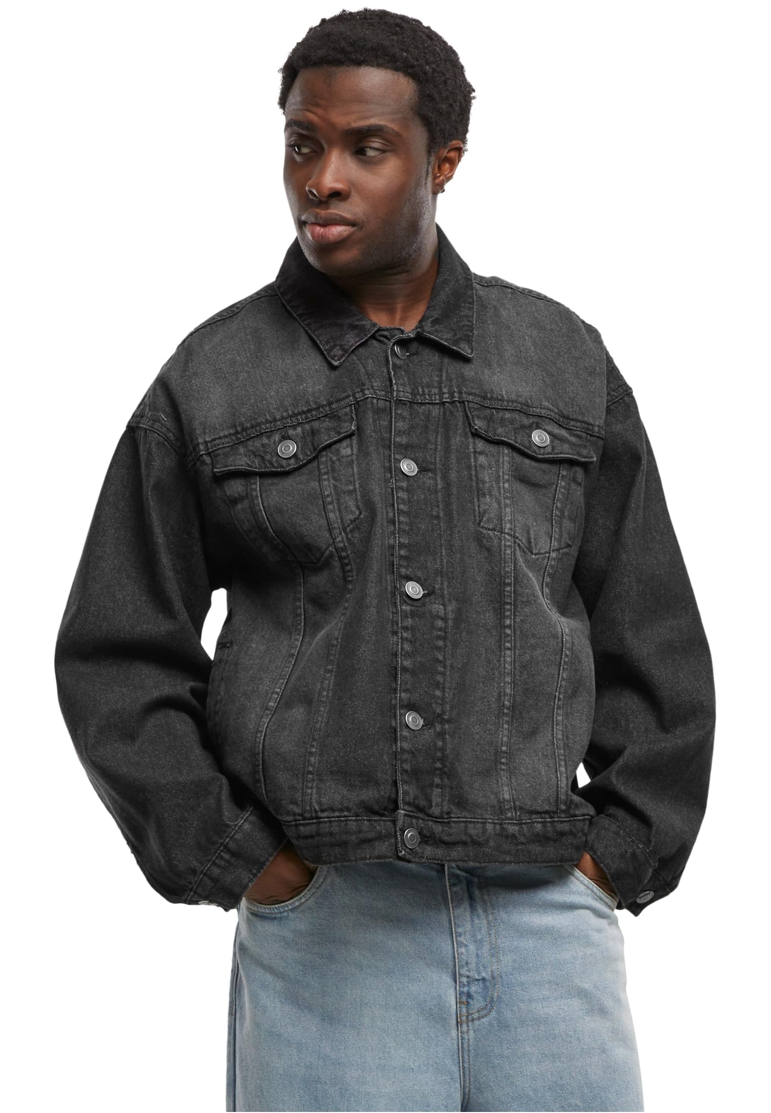 Build Your Brand Męska kurtka dżinsowa Heavy Ounce Boxy Denim Jacket, męska kurtka dżinsowa o kroju bokserskim, rozmiary S - 5XL, Black washed, 4XL