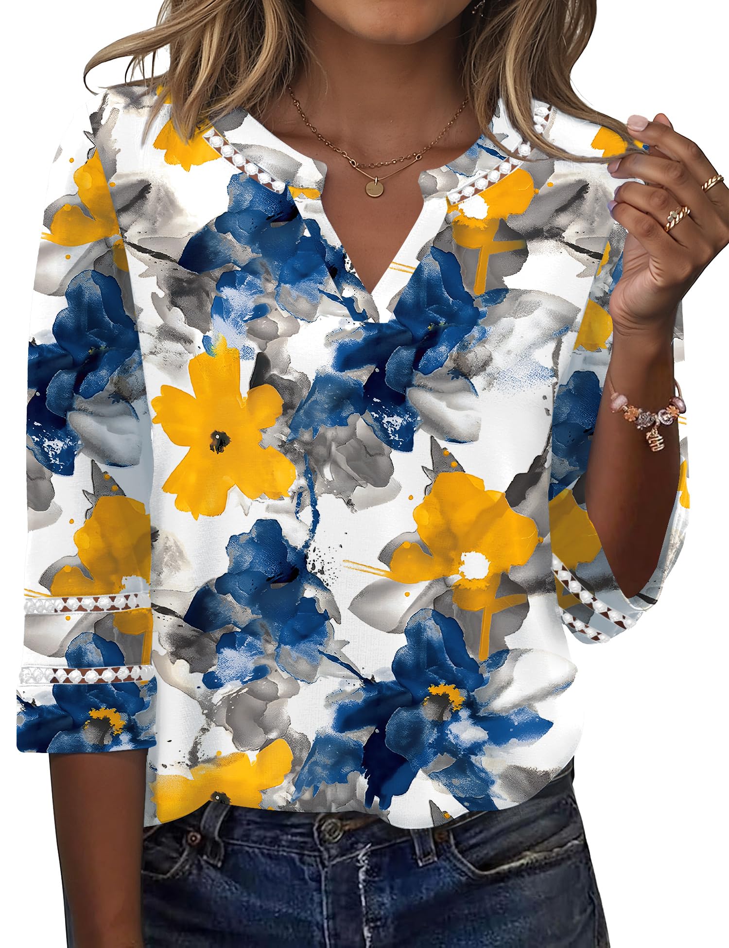 Rapbin Bluse Damen Elegant 3/4 Arm Shirt V-Ausschnitt Sommer Tunika Spitze Bestickt Vintage Oberteil 2026 Mode Tops