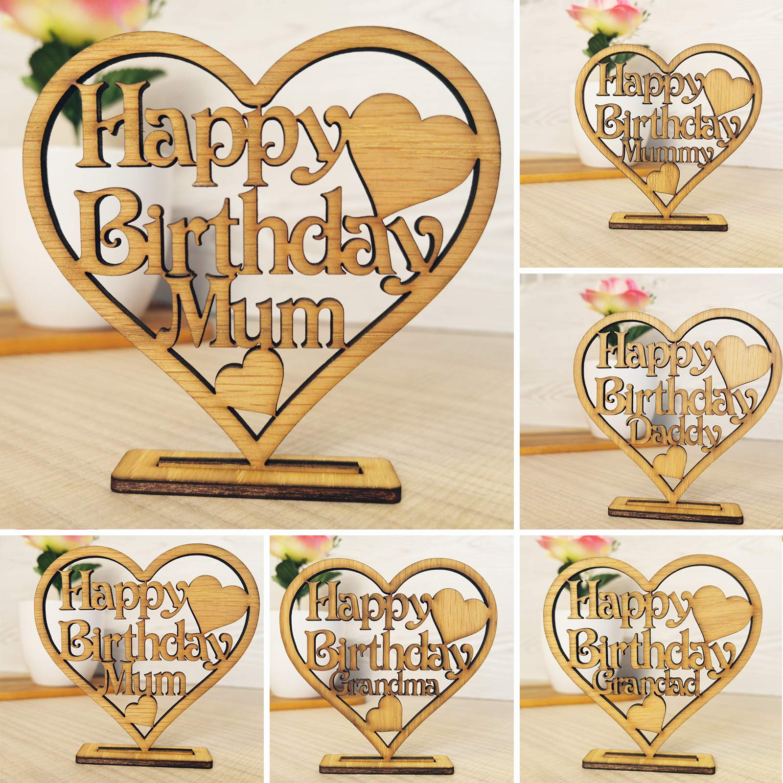 Happy Birthday Gifts Mum Mummy Daddy Nanny Grandma Nana Heart Plaque - Oak (H. Birthday Mummy)