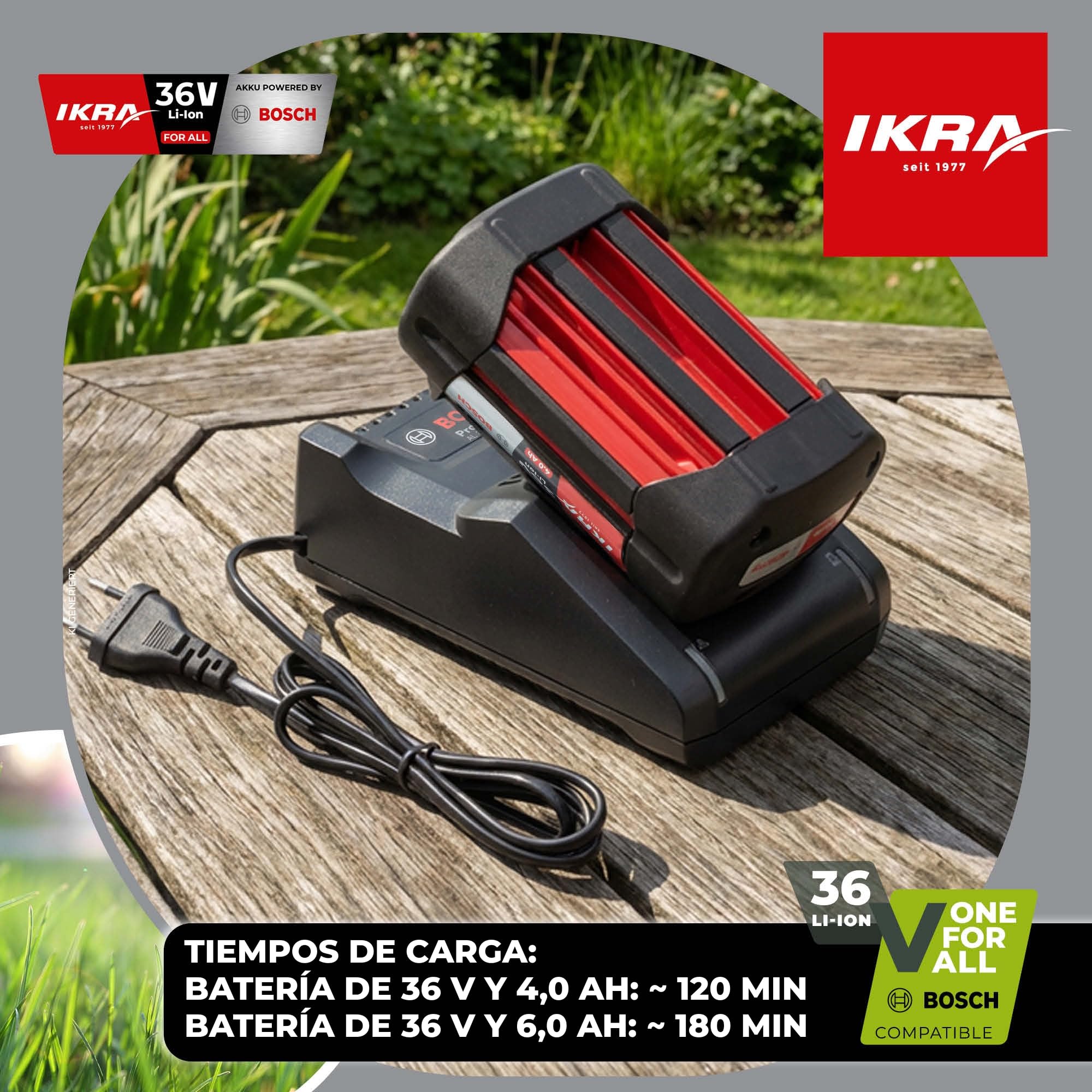 IKRA Cargador de batería 36V estación de Carga Tipo AL 36V-20 indicador LED | Compatible con los aparatos Bosch de 36V, protección integrada de las celdas contra el sobrecalentamiento y la sobrecarga