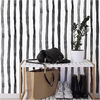 Black Striped Peel and Stick Wallpaper Removable Coastal Boho Geometric Contack Paper Self-Adhesive Vinyl Waterproof Wall Paper Roll for Bathroom Living Room Door Kitchen Shelves 17.7”x78.7”
